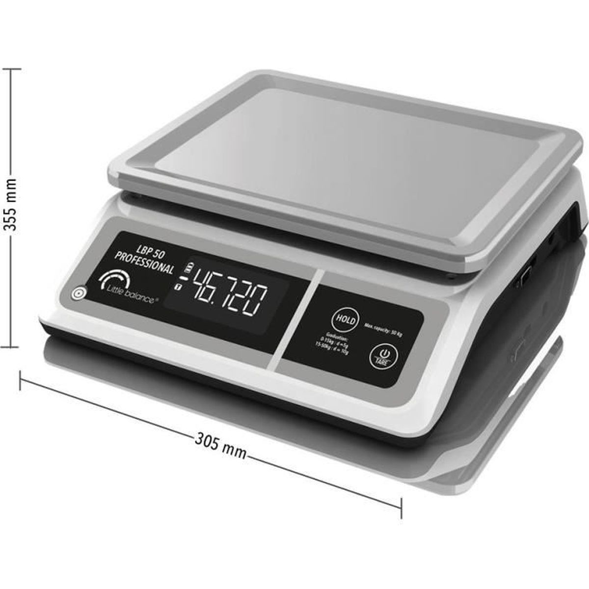 Eine digitale Waage mit silberner Wiegefläche und schwarzem Display.