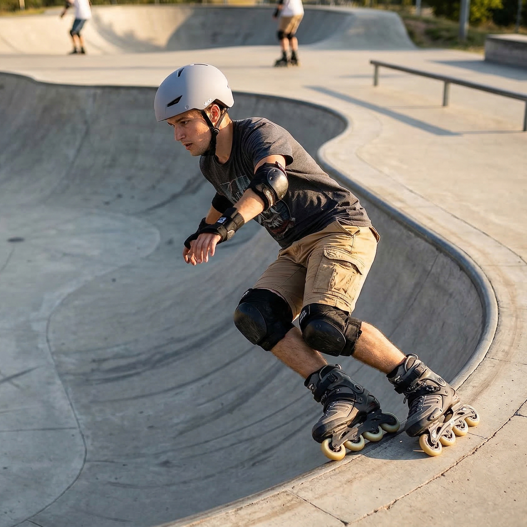 Mężczyzna na rolkach jedzie po rampie, nosi kask i ochraniacze.