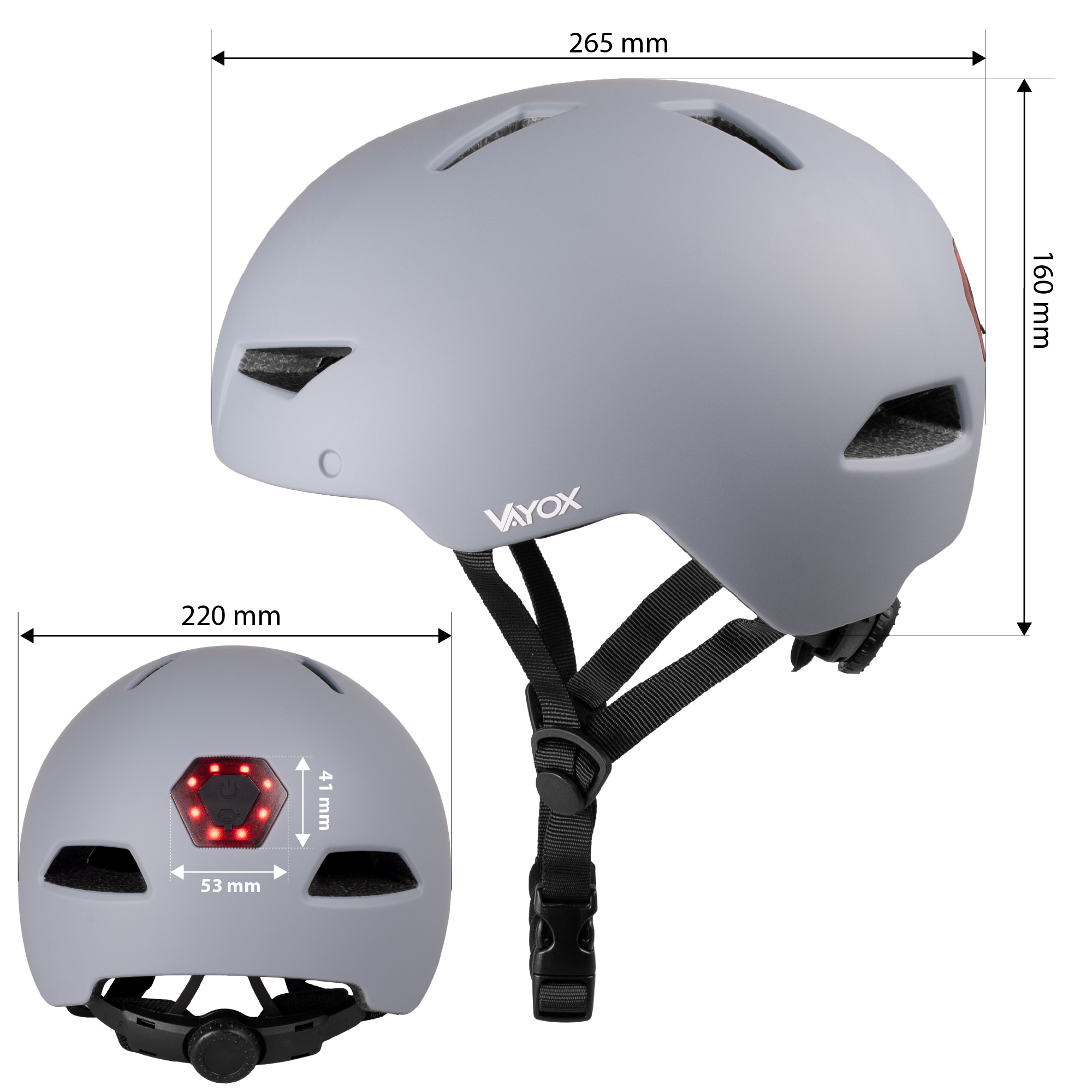Szary kask rowerowy z czerwonymi światłami tylnymi i oznaczeniami wymiarów.