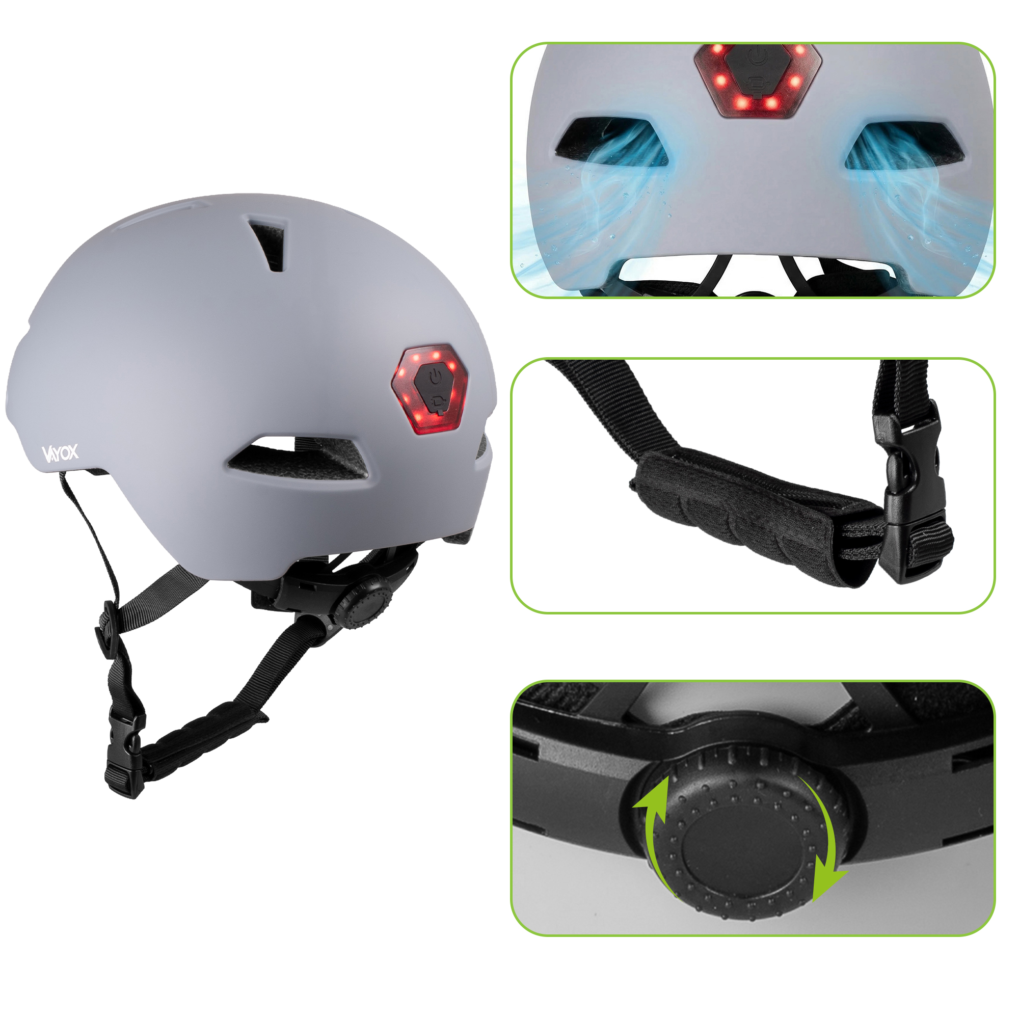 Szary kask rowerowy z czerwonymi światłami tylnymi, wentylacją i pokrętłem.