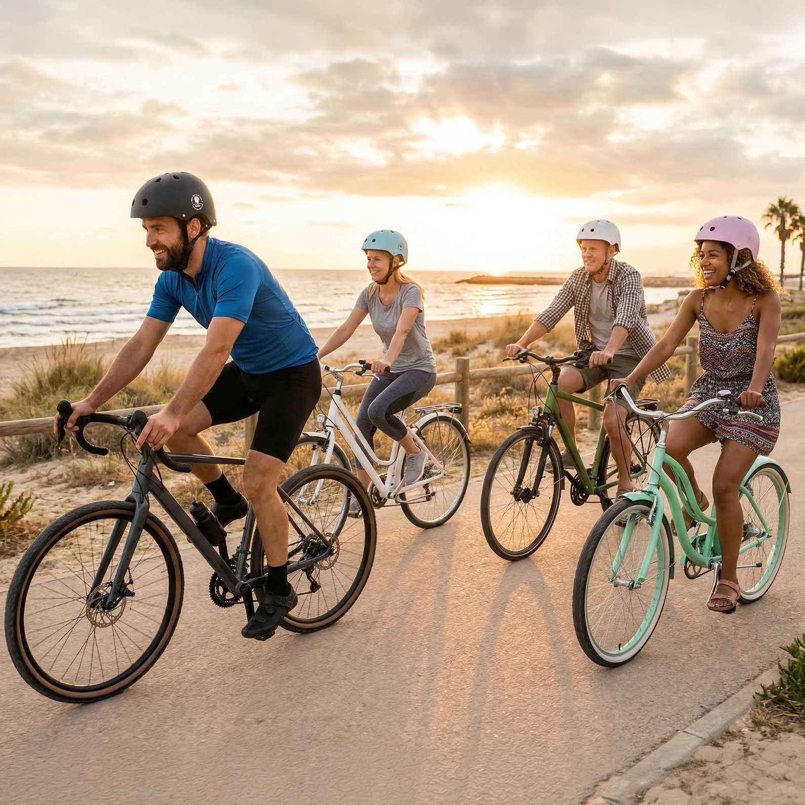 Cztery osoby jadą rowerami ścieżką przy plaży o zachodzie słońca.