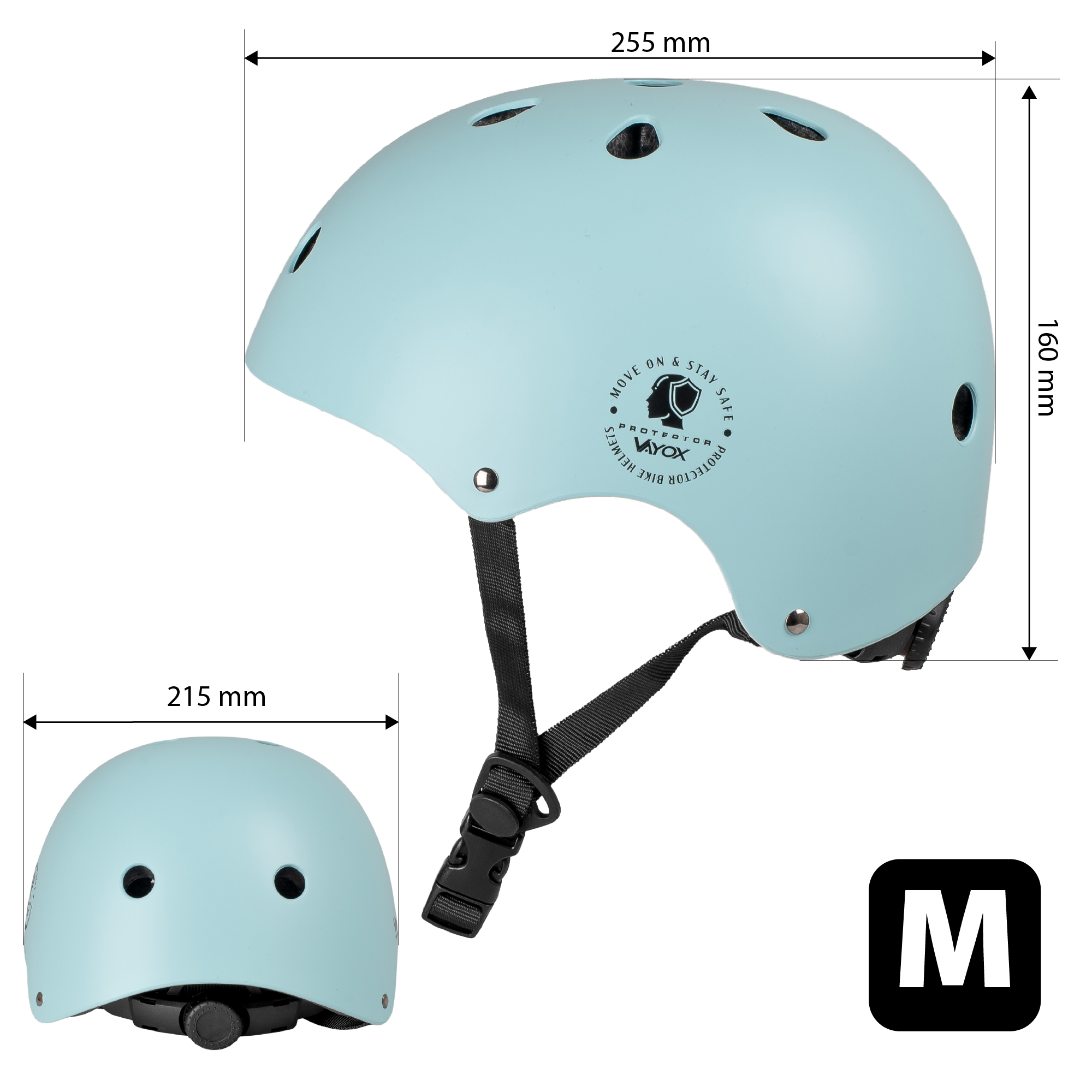 Jasnoniebieski kask z otworami wentylacyjnymi i paskami. Rozmiar M.