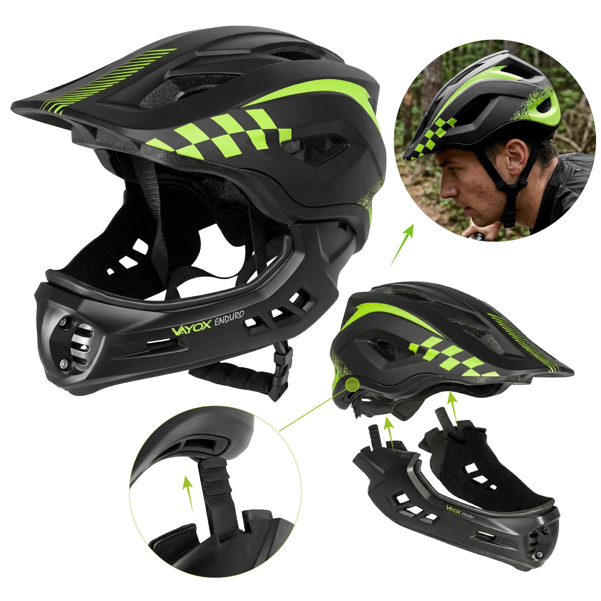 Czarny kask rowerowy z neonowo-zielonymi akcentami, odpinany ochraniacz podbródka.