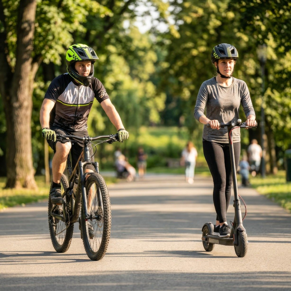Mężczyzna na rowerze i kobieta na hulajnodze elektrycznej jadą ścieżką w parku.