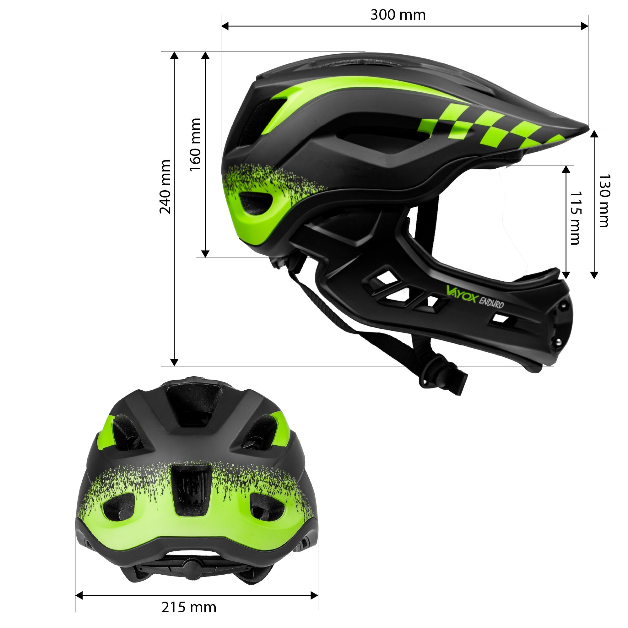 Czarny kask rowerowy z neonowo-zielonymi akcentami i wymiarami.