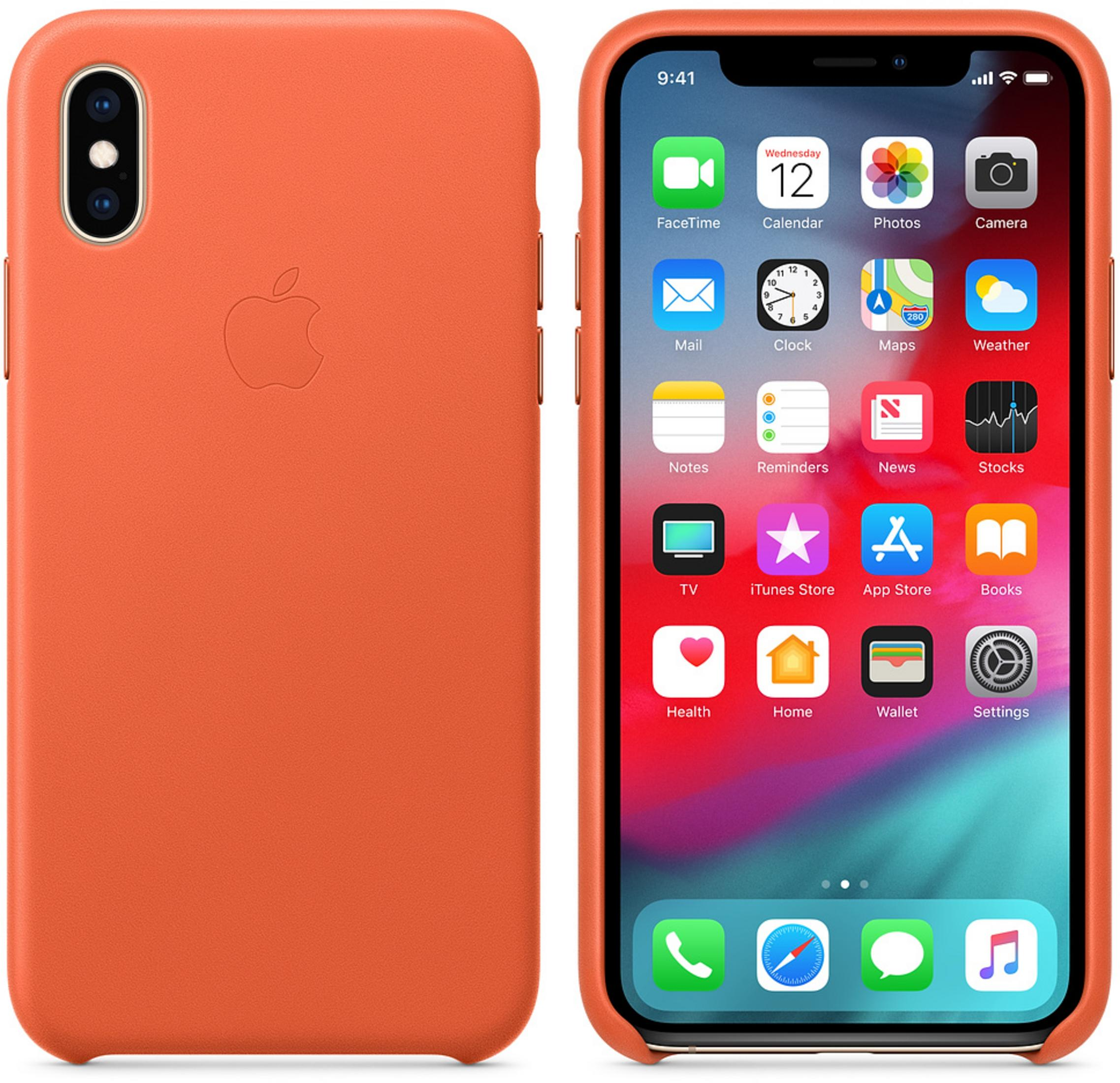 Oranje iPhone hoesje en telefoon met beginscherm. Hoesje links, telefoon rechts.
