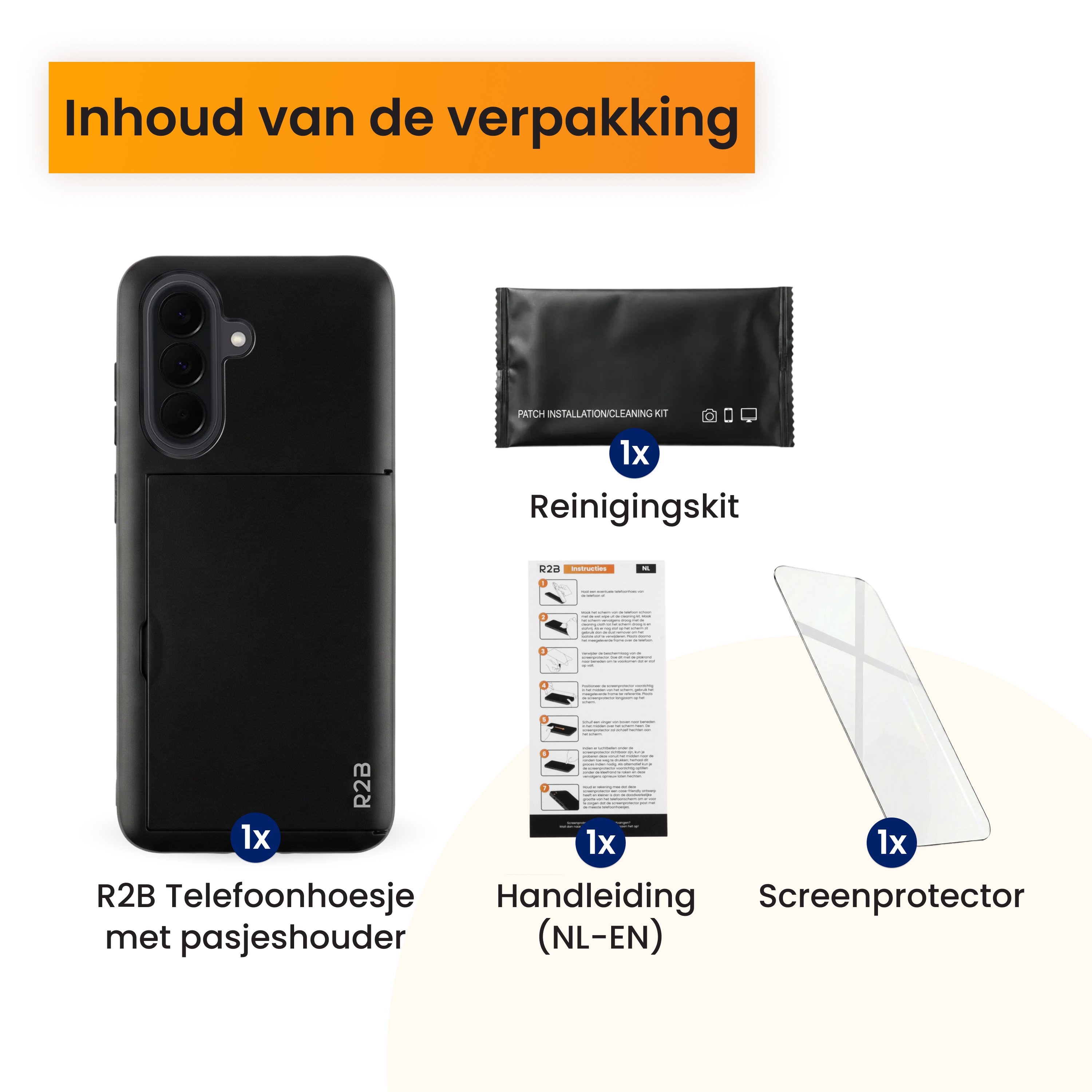 Verpackungsinhalt: Schwarzes Handyhülle mit Kartenfach, Reinigungskit, Anleitung und Displayschutzfolie.