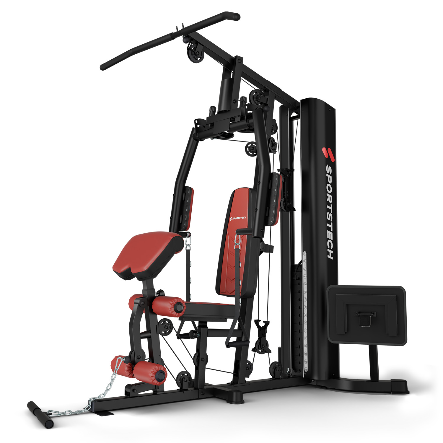 Schwarz-rotes Fitnessgerät mit Latzugstange, Sitz und Gewichtsblock.