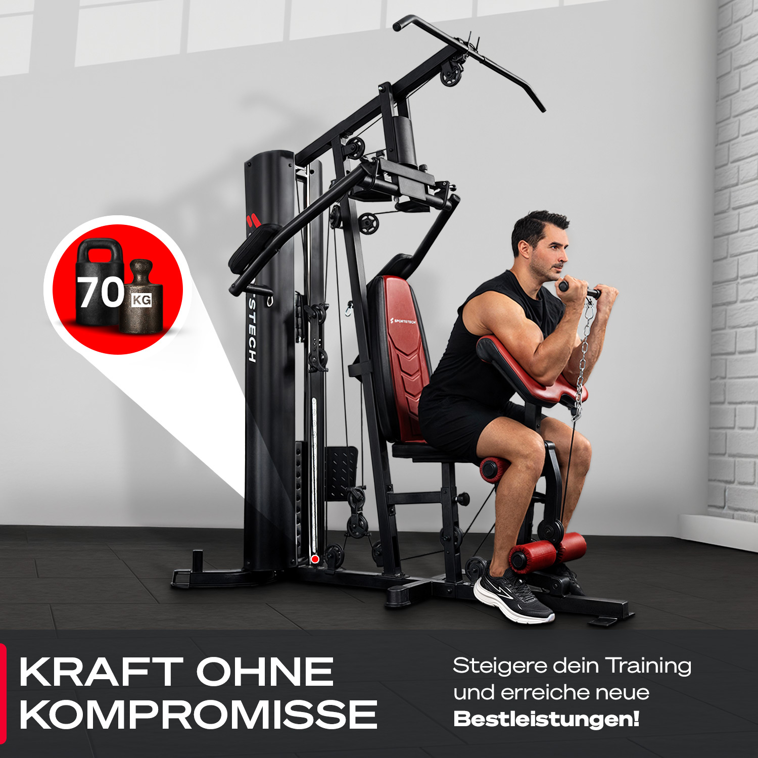 Ein Mann trainiert Bizeps an einem Heimtrainer mit Gewichten von 70 kg.