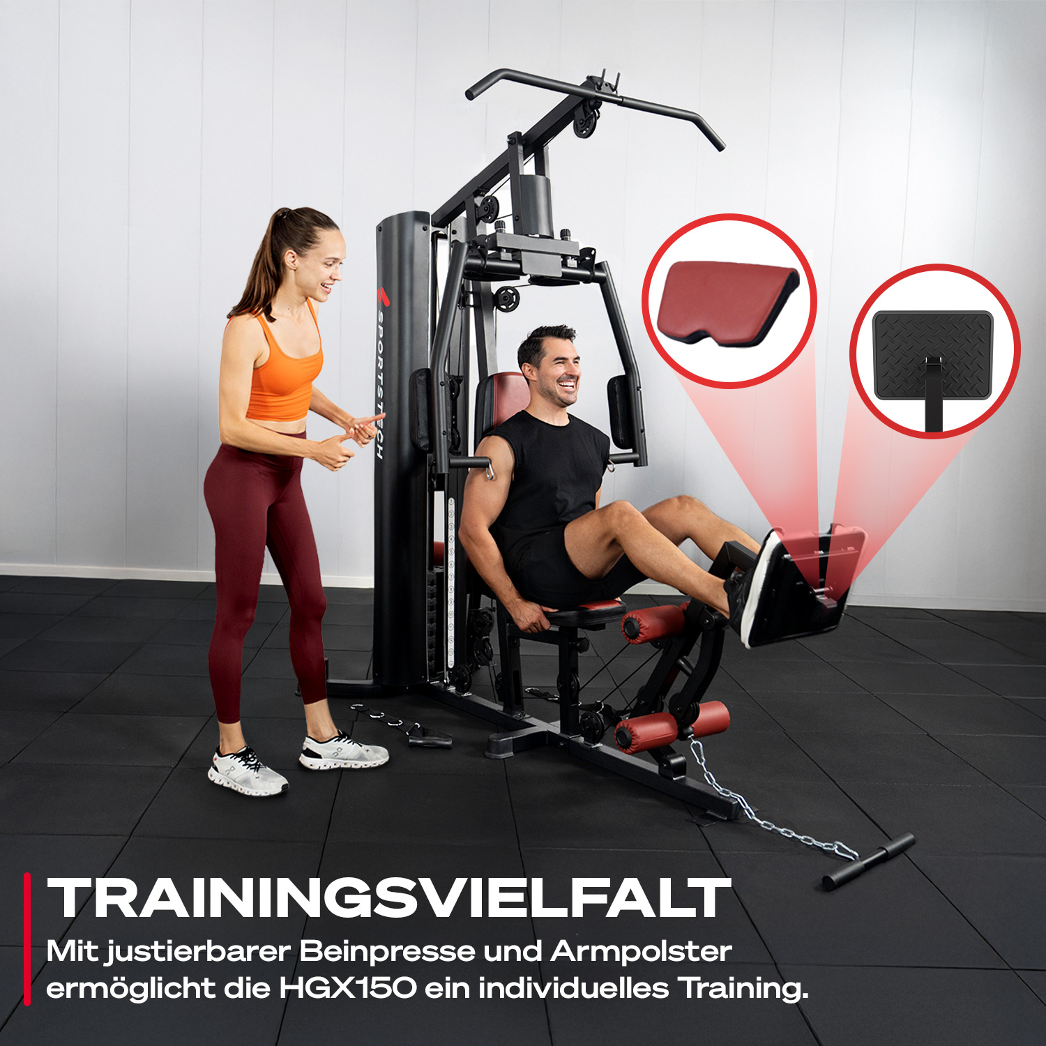 Mann trainiert Beine an Fitnessgerät, Frau daneben. Detailbilder von Polstern.