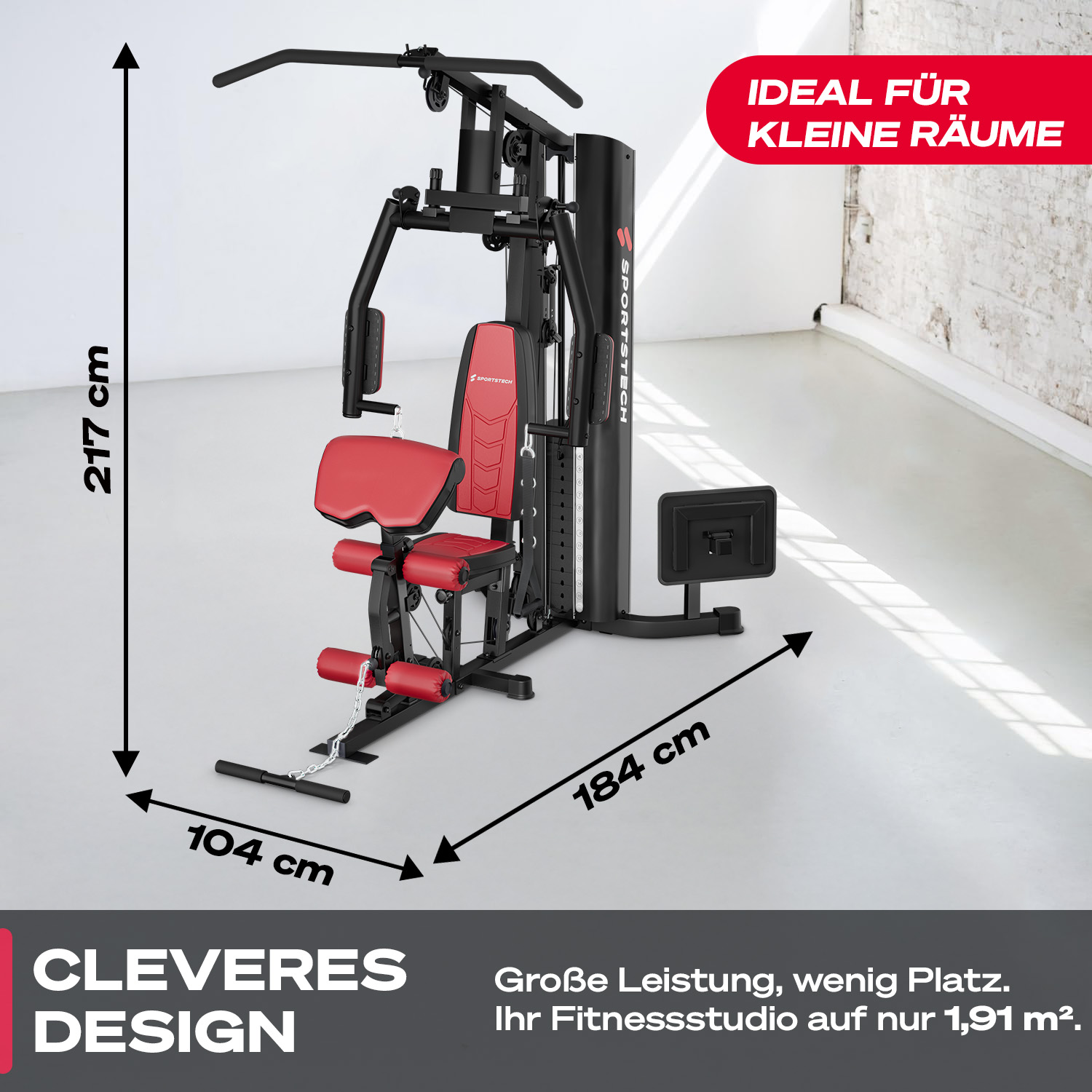 Ein schwarzes und rotes Heimfitnessgerät mit Maßen von 104x184x217 cm.