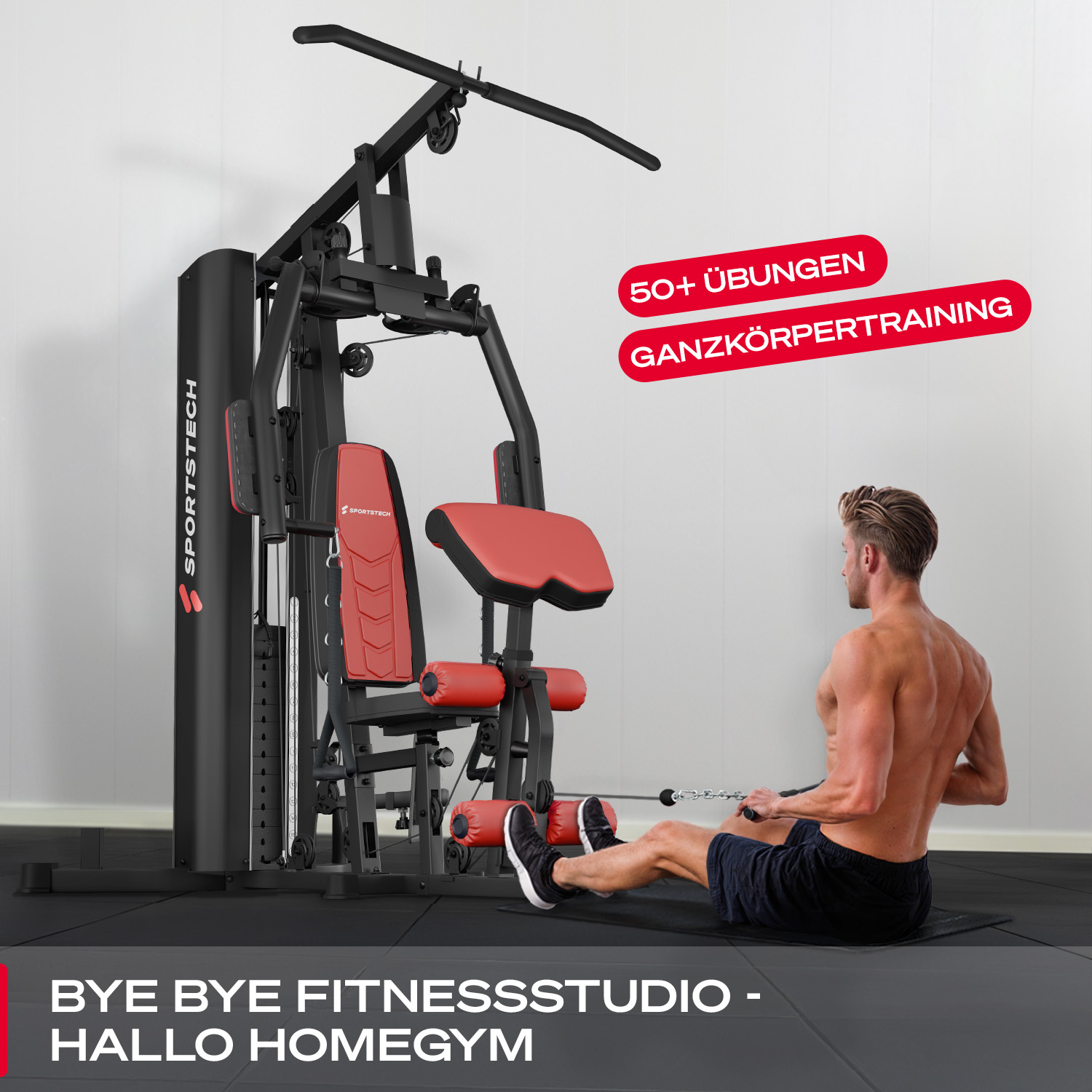 Mann trainiert an schwarzer und roter Homegym-Maschine, 50+ Übungen