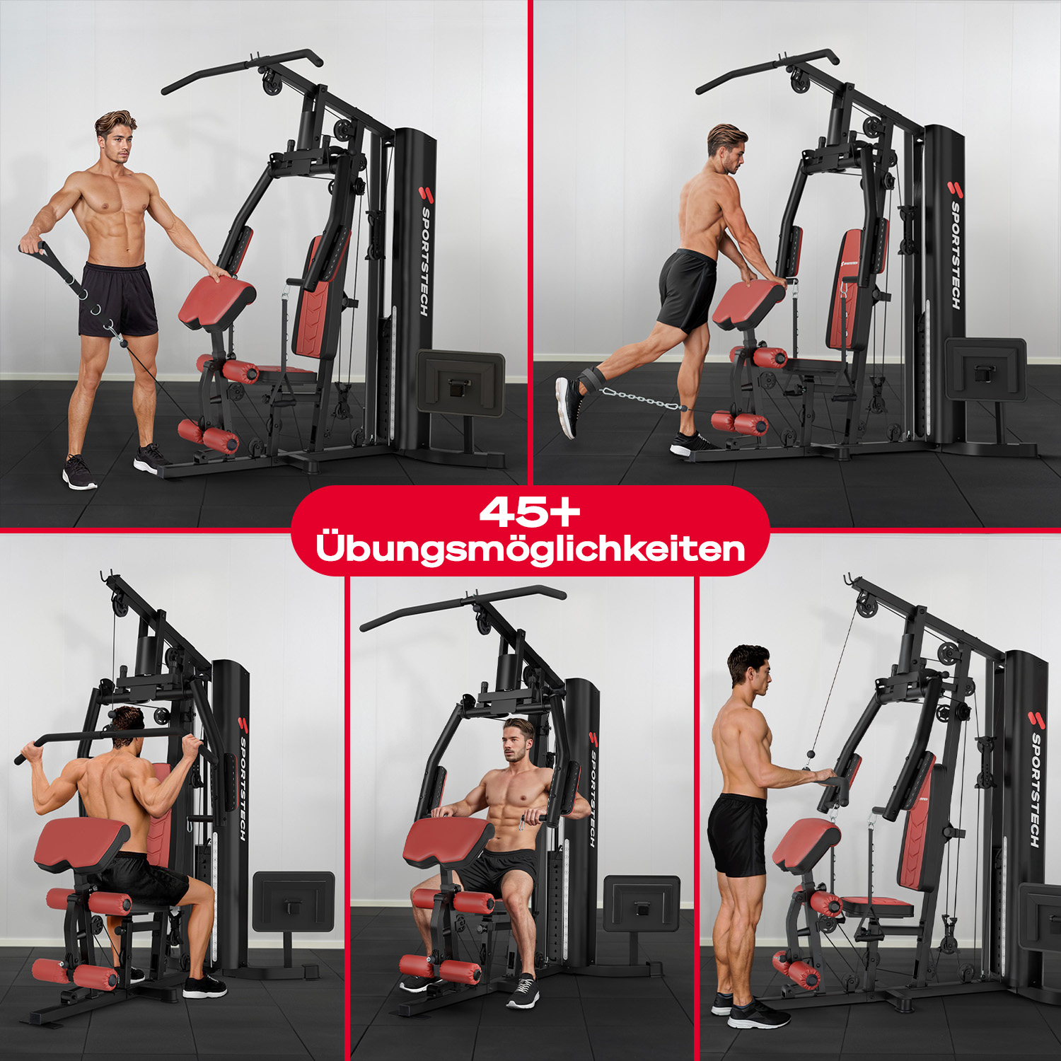 Ein Mann trainiert an einem schwarzen und roten Fitnessgerät mit mehreren Stationen.
