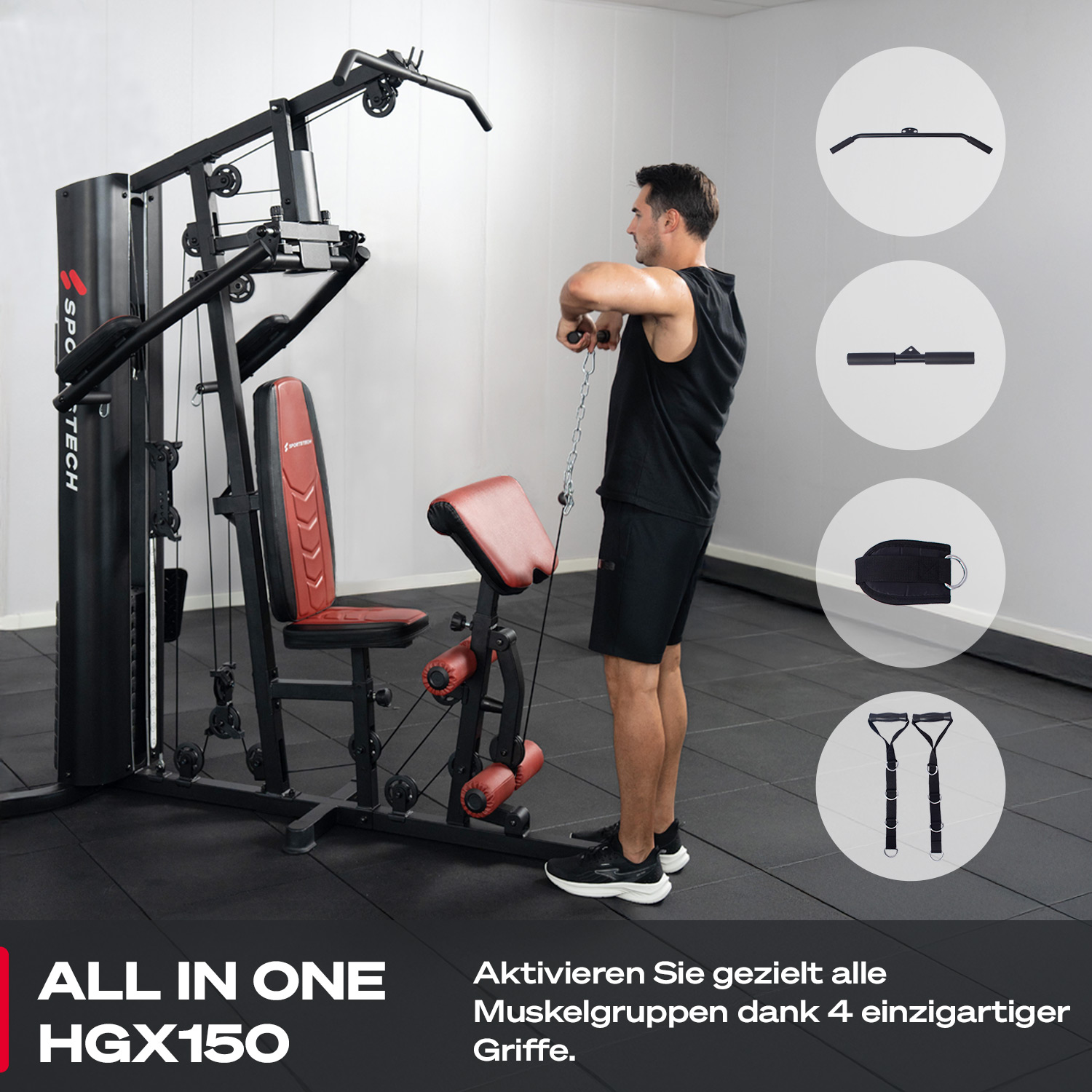 Mann trainiert an Heimfitnessgerät HGX150 mit verschiedenen Griffen.