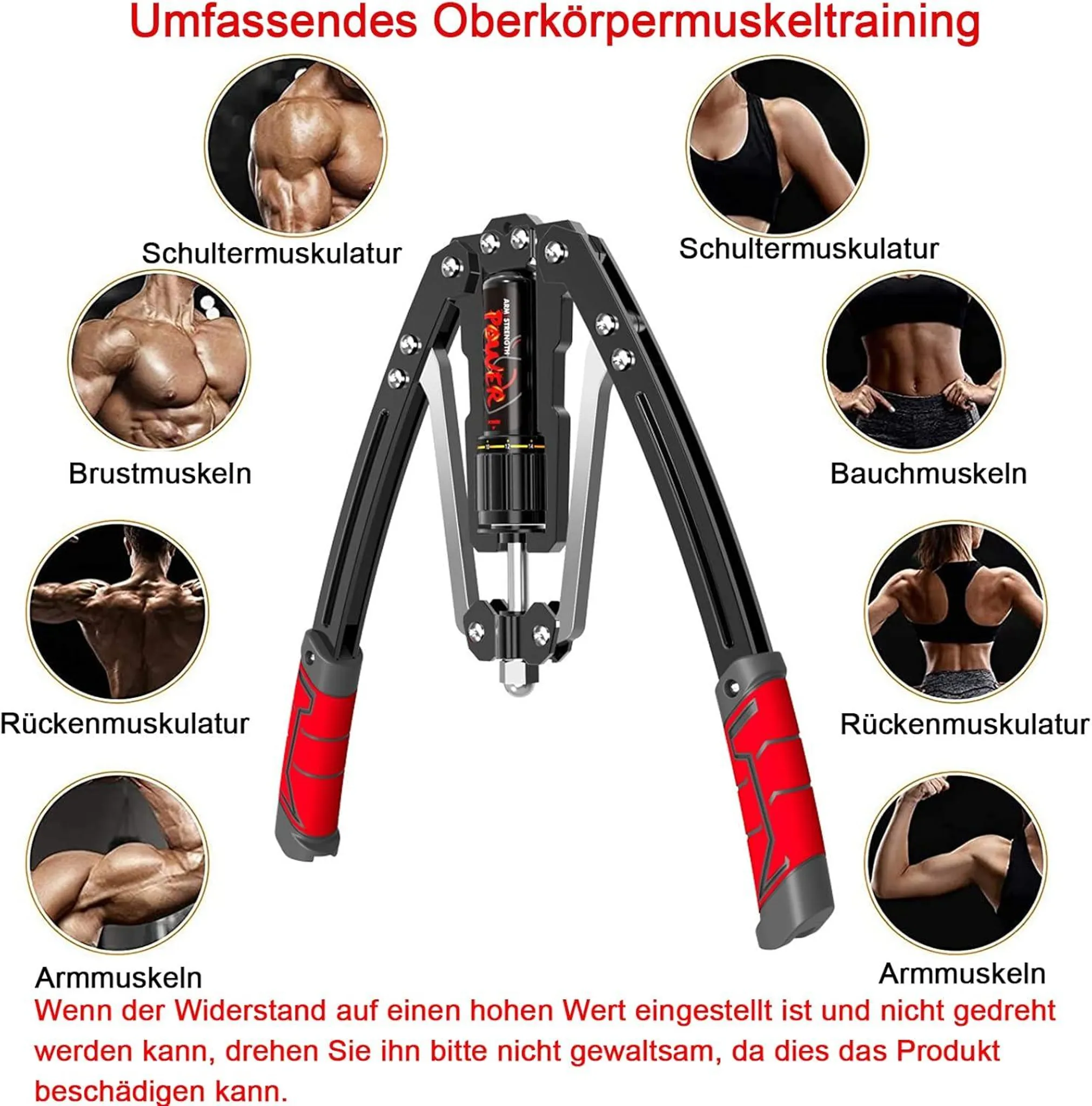 Ein Handkrafttrainer mit Trainingsbildern für Schultern, Brust, Bauch, Rücken und Arme.