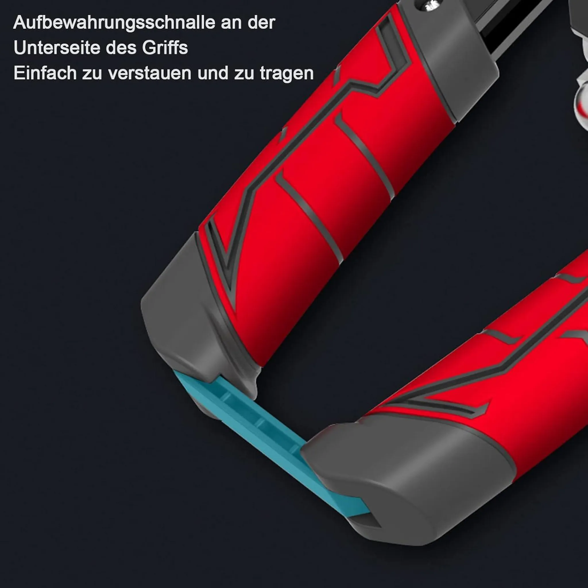 Rote und graue Greifzange mit blauem Riemen, einfach zu verstauen.