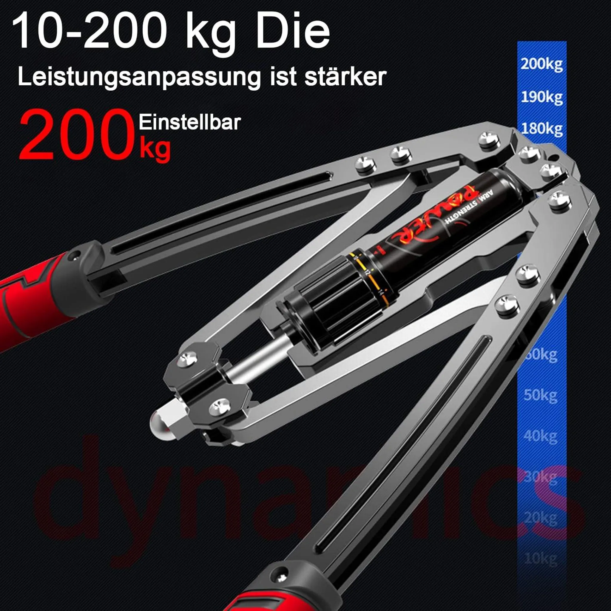 Ein silberner Handtrainer mit roten Griffen und einer Skala von 10-200kg.