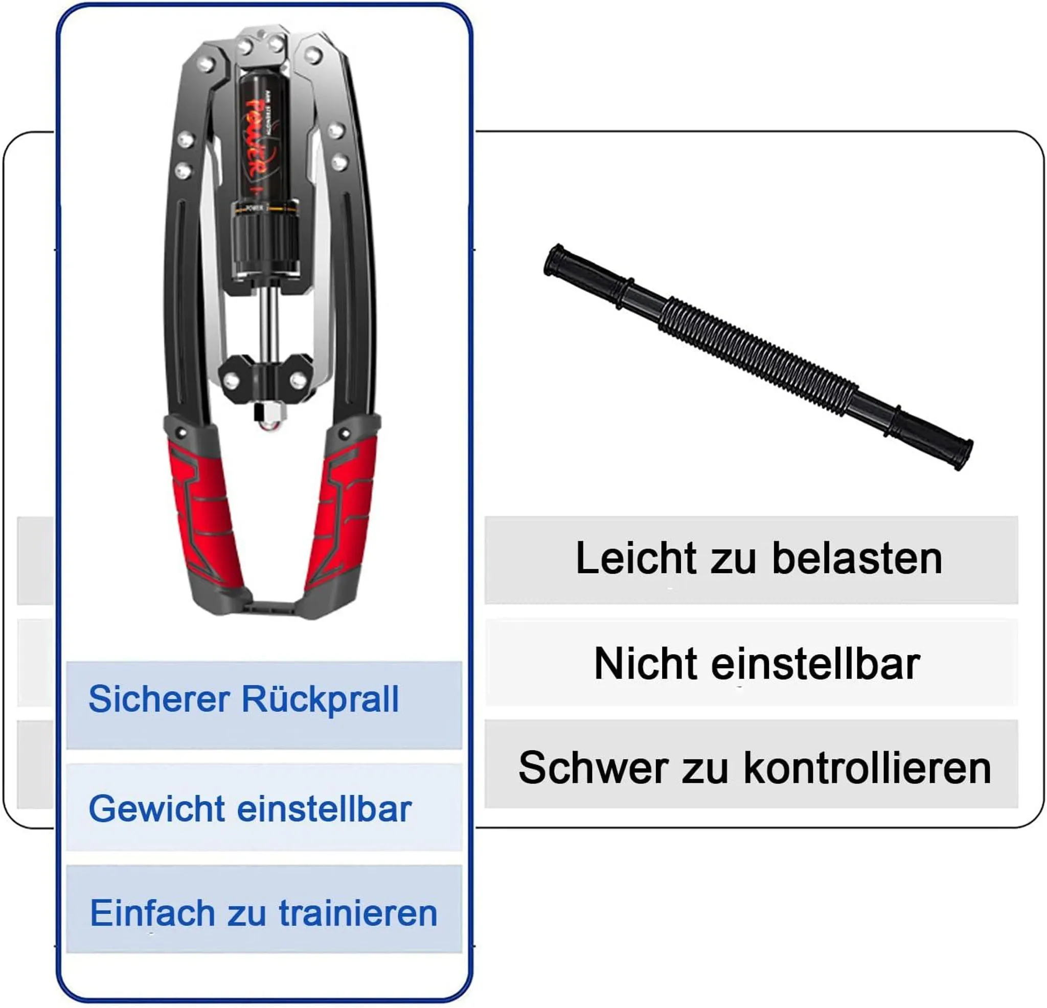 Ein Handtrainer mit roten Griffen und ein schwarzes Trainingsrohr. Links sind Textfelder.