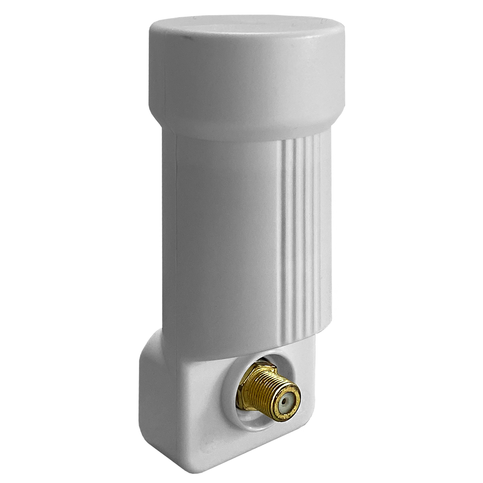 Ein wei'er Satelliten-LNB mit goldenem Anschluss auf wei'em Hintergrund.