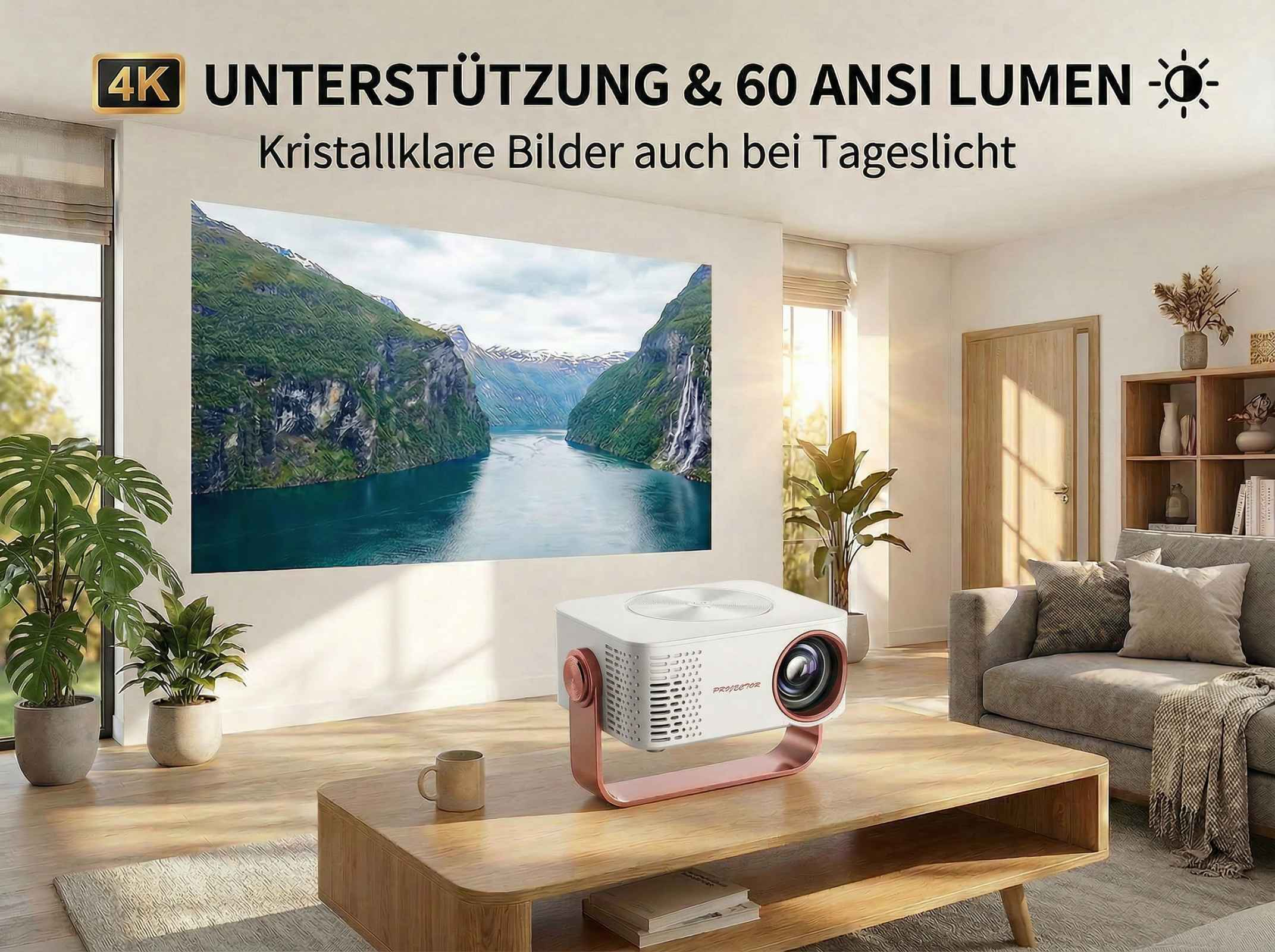 Ein moderner Projektor steht auf einem Holztisch, projiziert Berglandschaft. Wohnzimmer.