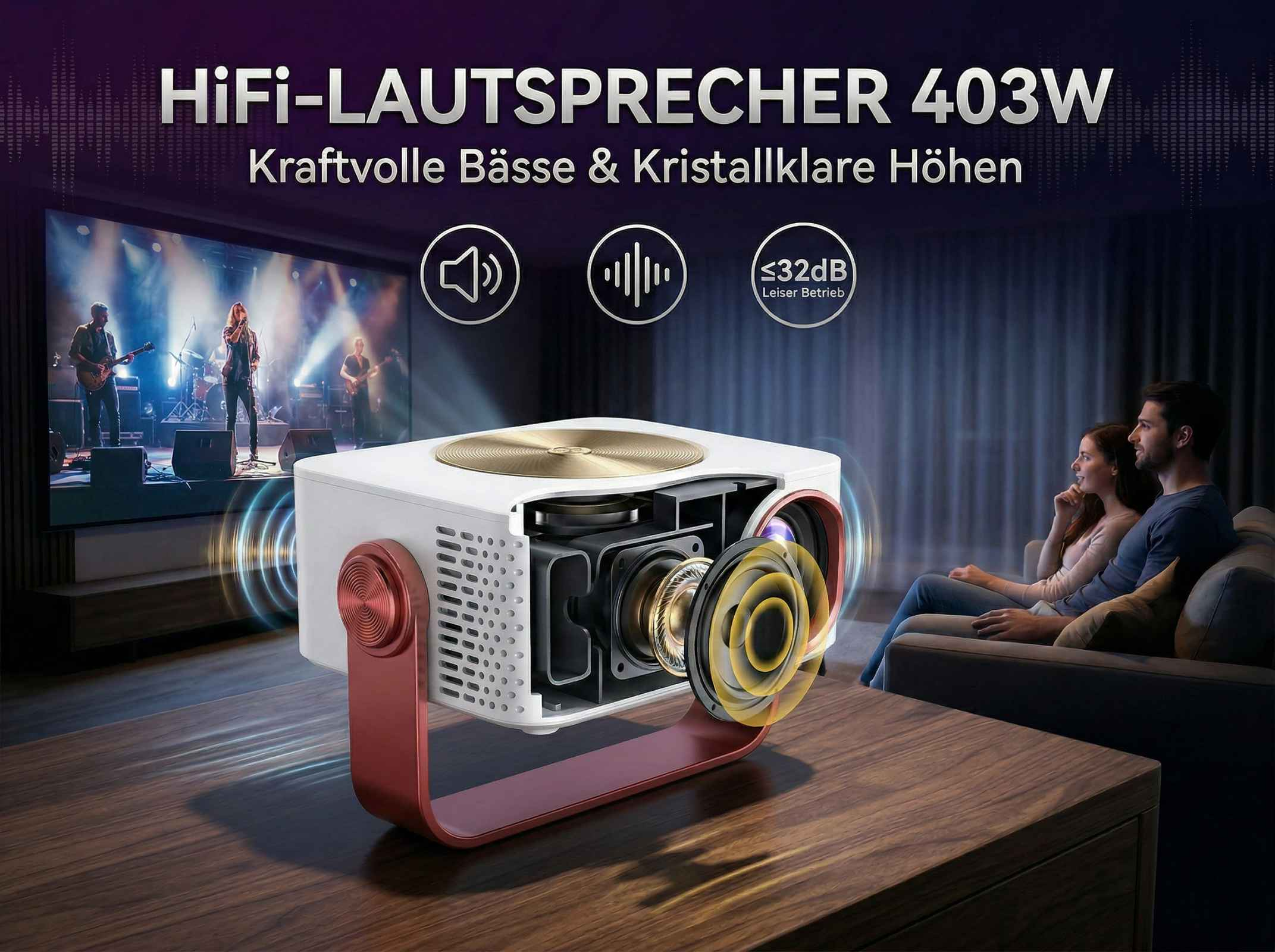 Ein weißer Projektor mit roten Akzenten zeigt einen aufgeschnittenen Lautsprecher.