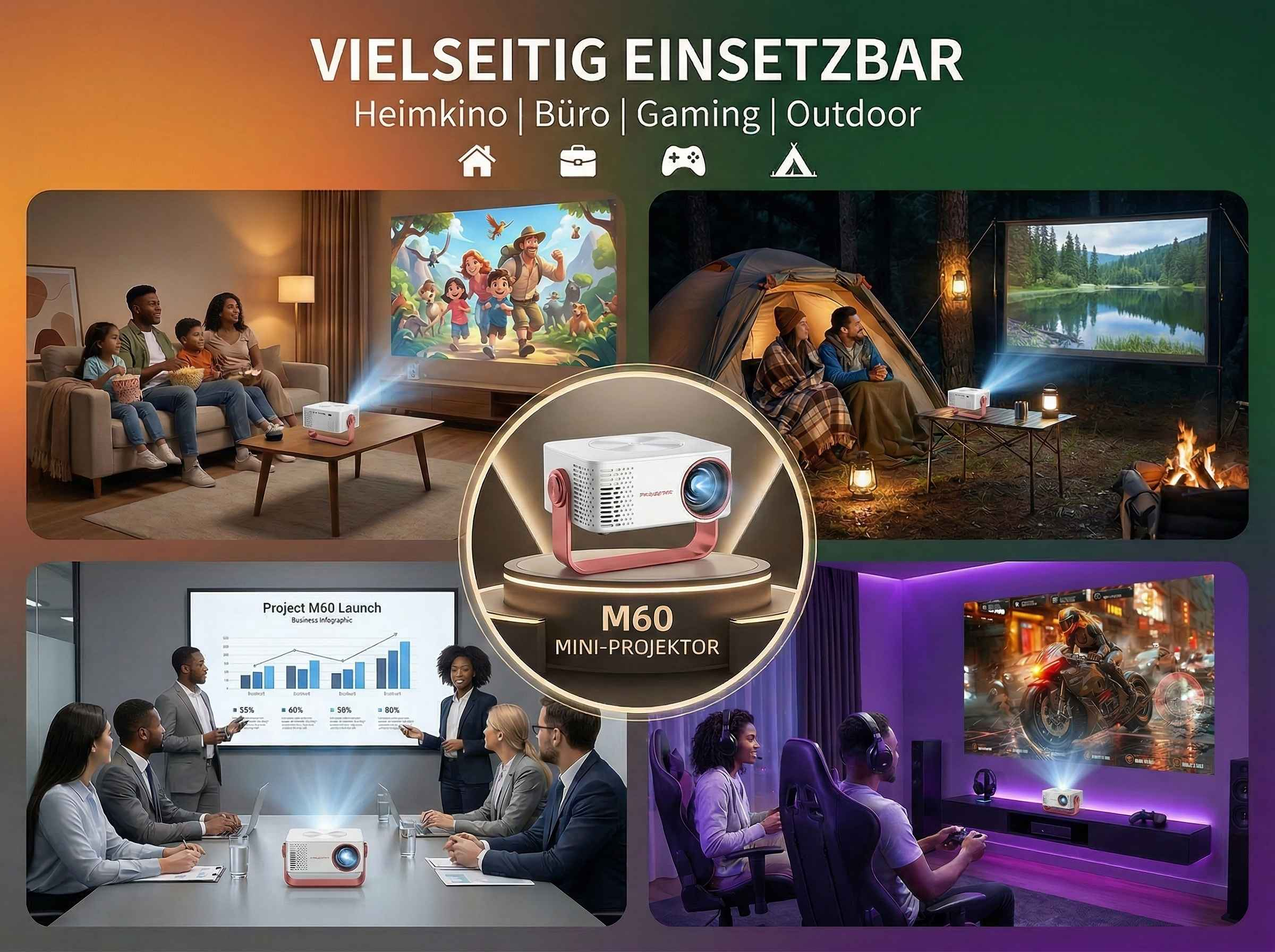 Vielseitige Projektor-Anwendungen: Heimkino, Büro, Gaming, Outdoor.