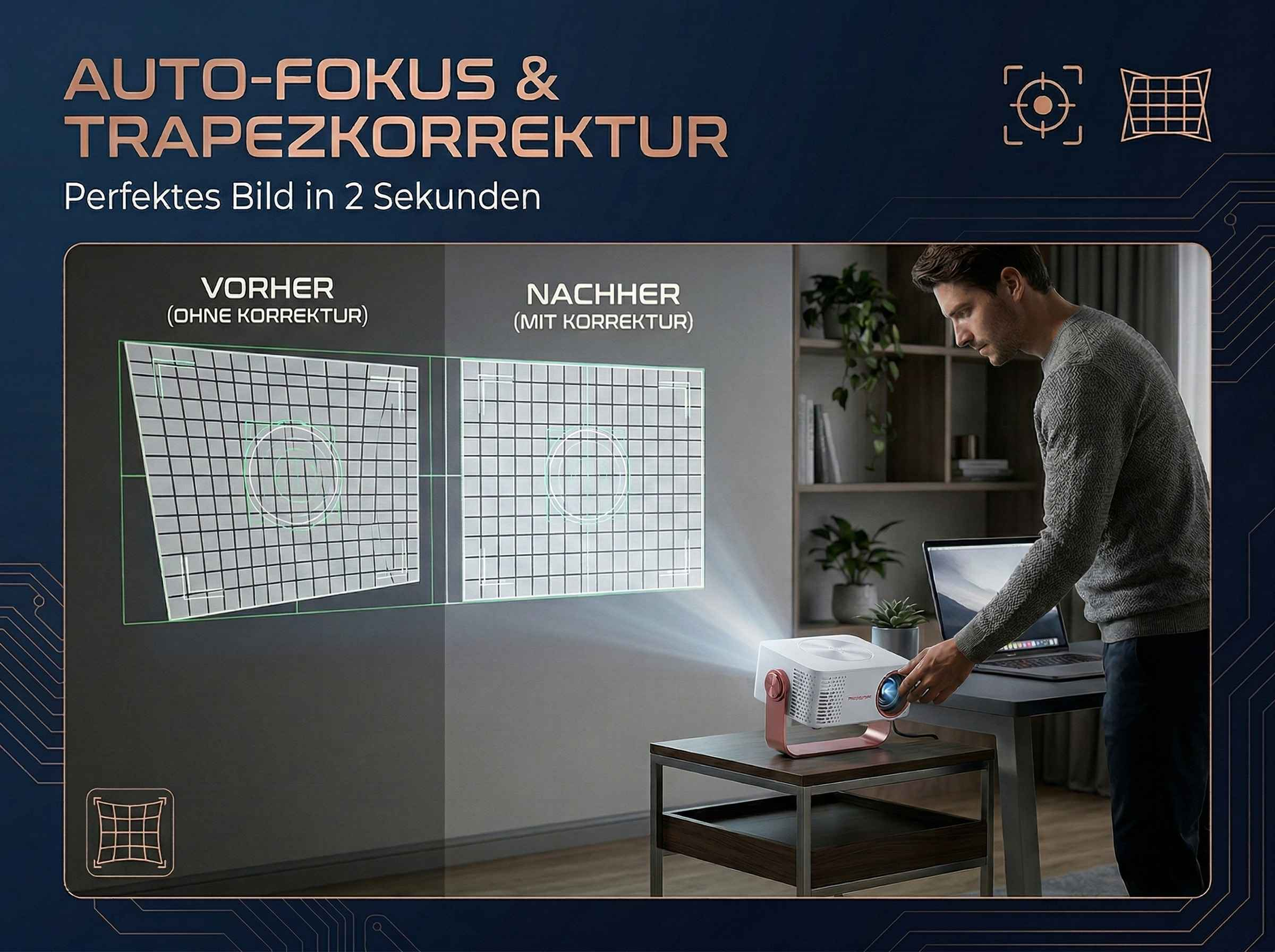 Mann mit Projektor, der ein Gitter auf eine Wand projiziert, mit und ohne Korrektur.