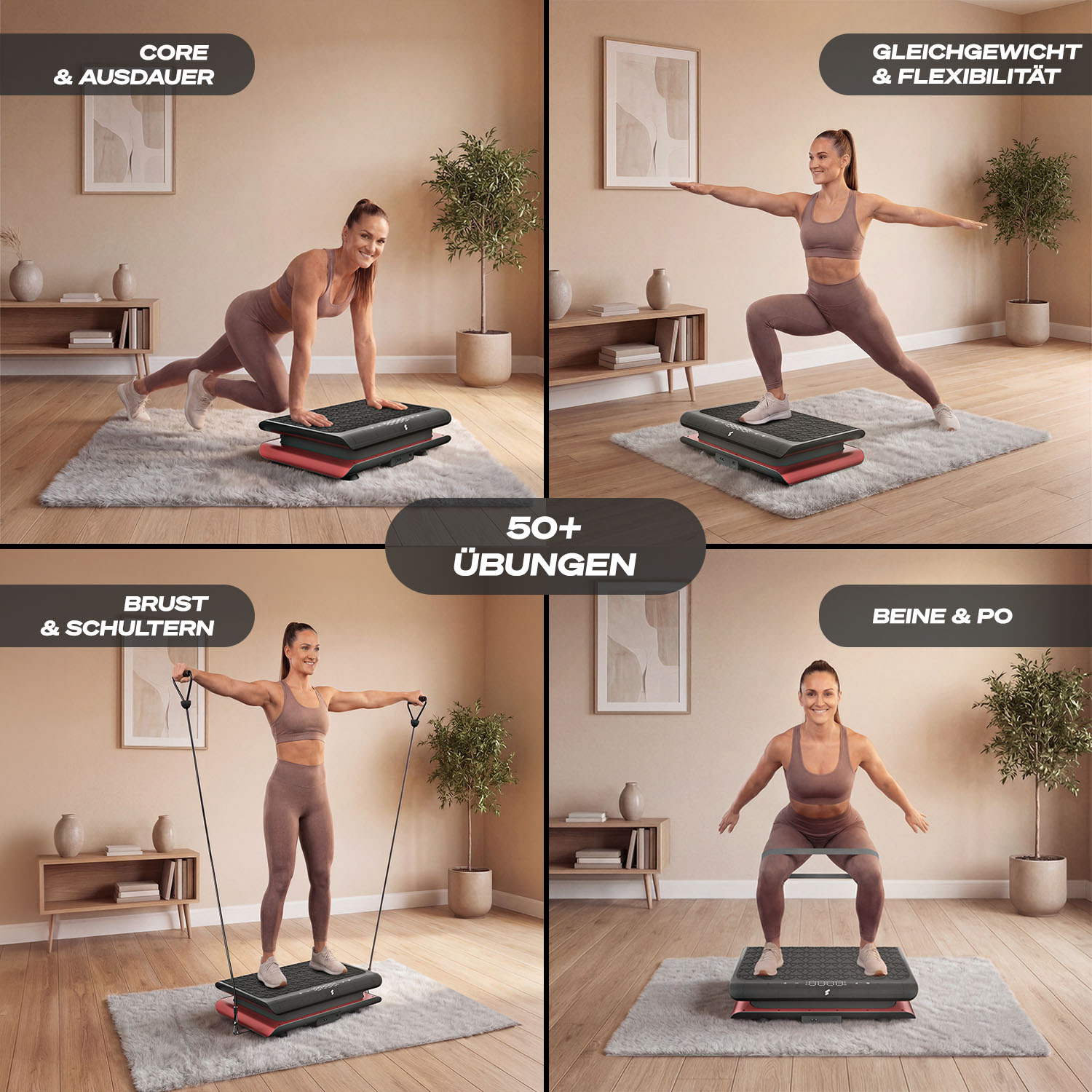 Vier Fitnessübungen: Core, Gleichgewicht, Brust/Schultern, Beine/Po mit Trainingsplattform.