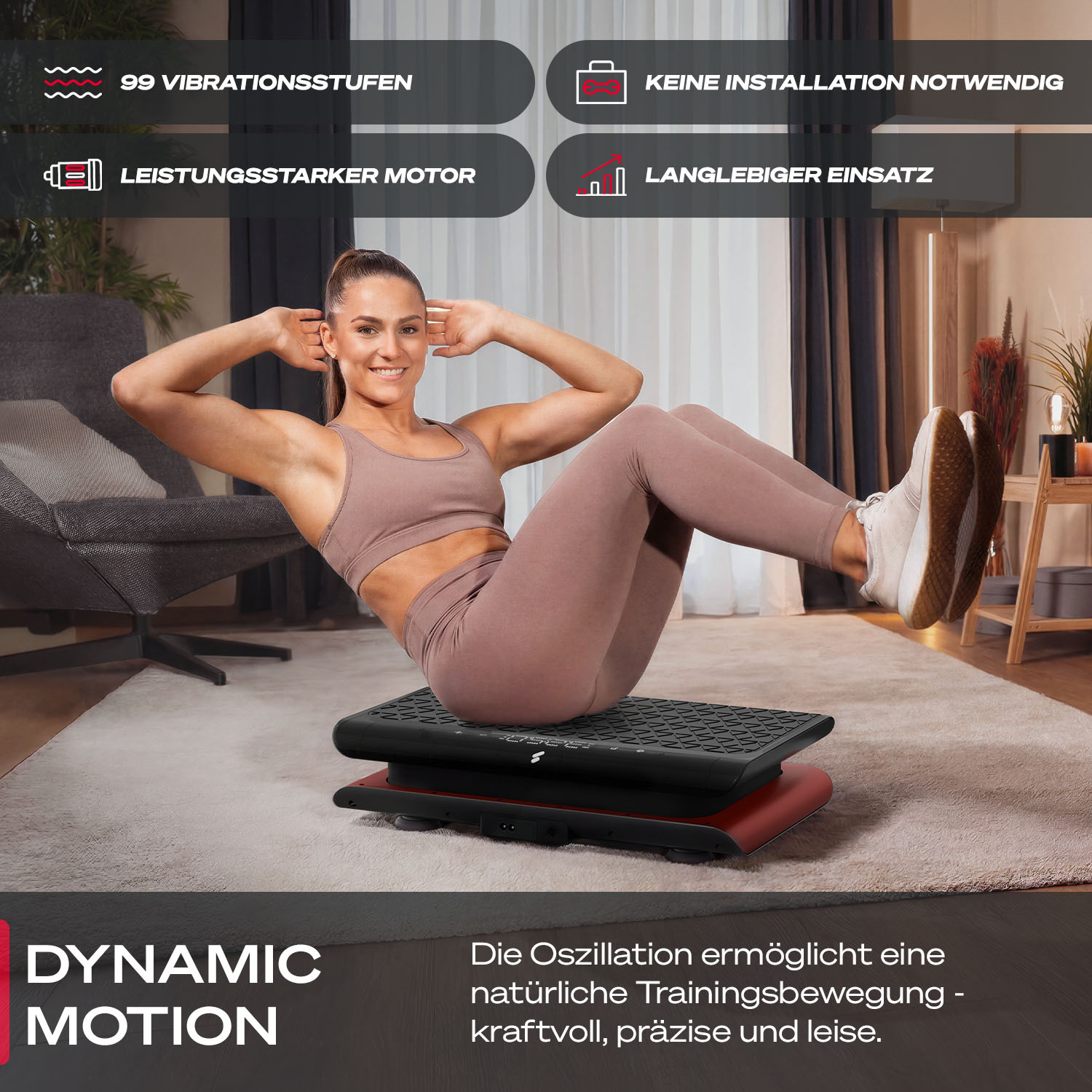 Eine Frau macht ein Workout auf einer Vibrationsplatte in einem Wohnzimmer.