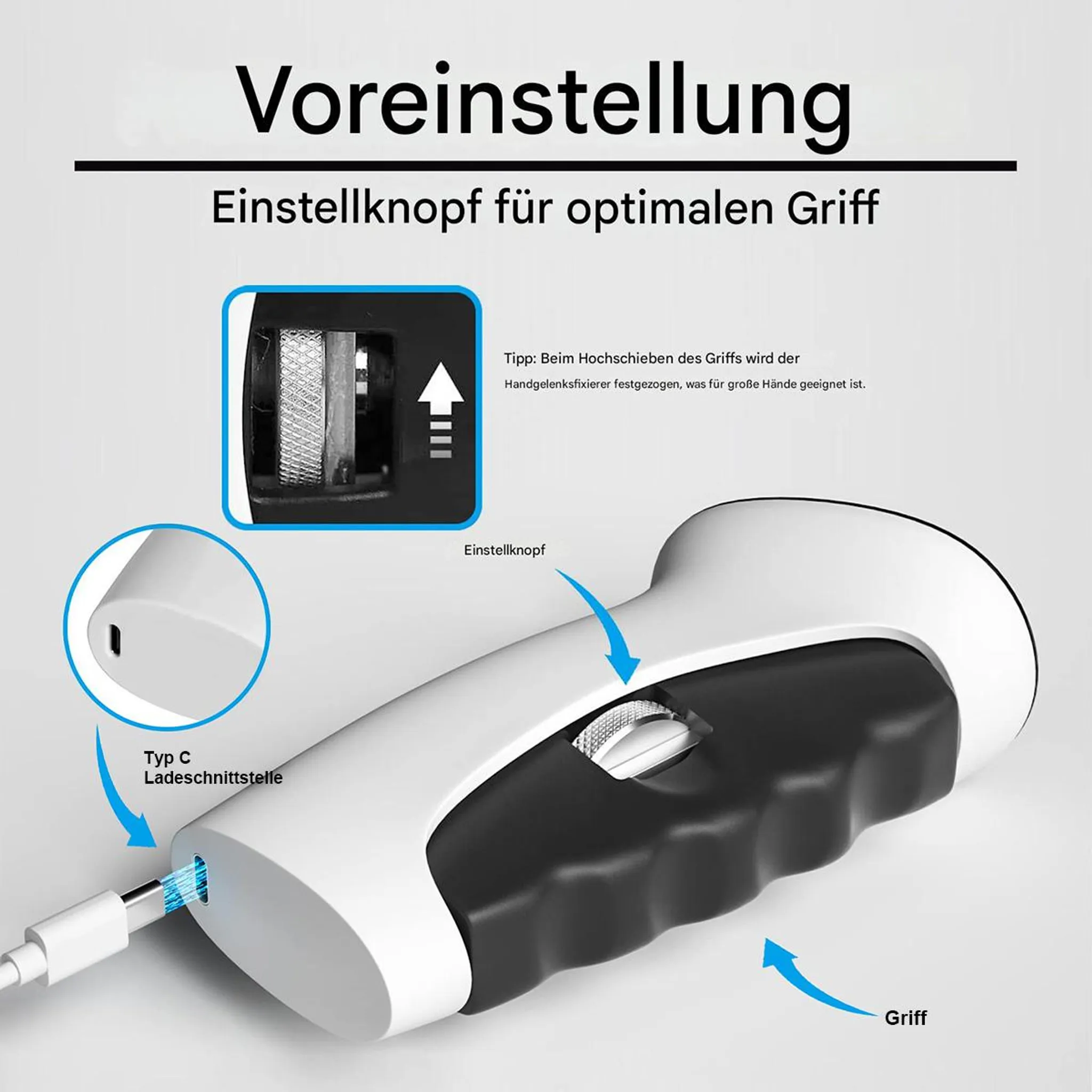 Voreinstellung: Einstellknopf für optimalen Griff, Typ C Ladeanschluss.