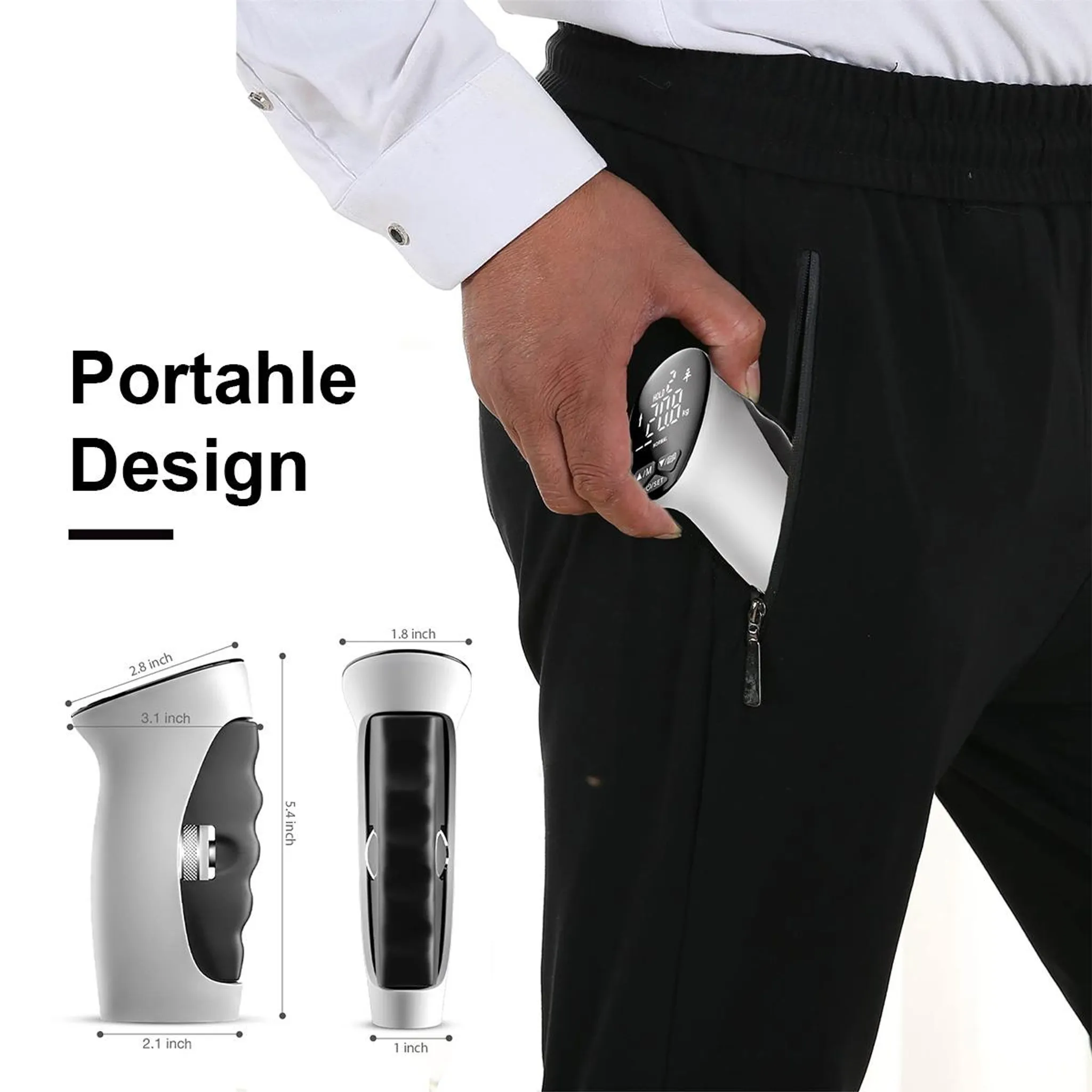Ein Mann steckt ein weißes und schwarzes Handgerät mit Display in eine Hosentasche.