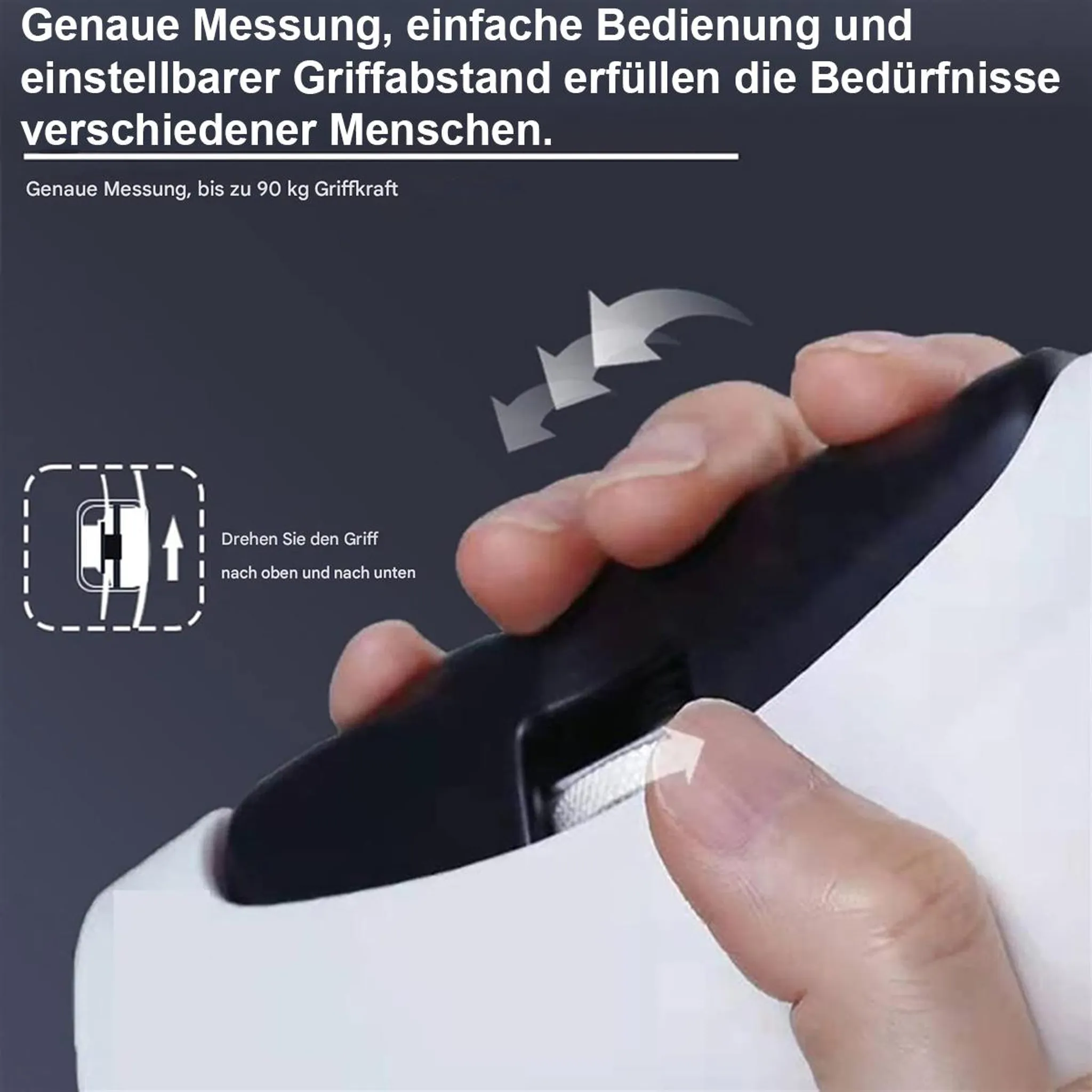 Eine Hand passt den Griff eines Geräts an, das bis zu 90 kg Kraft messen kann.
