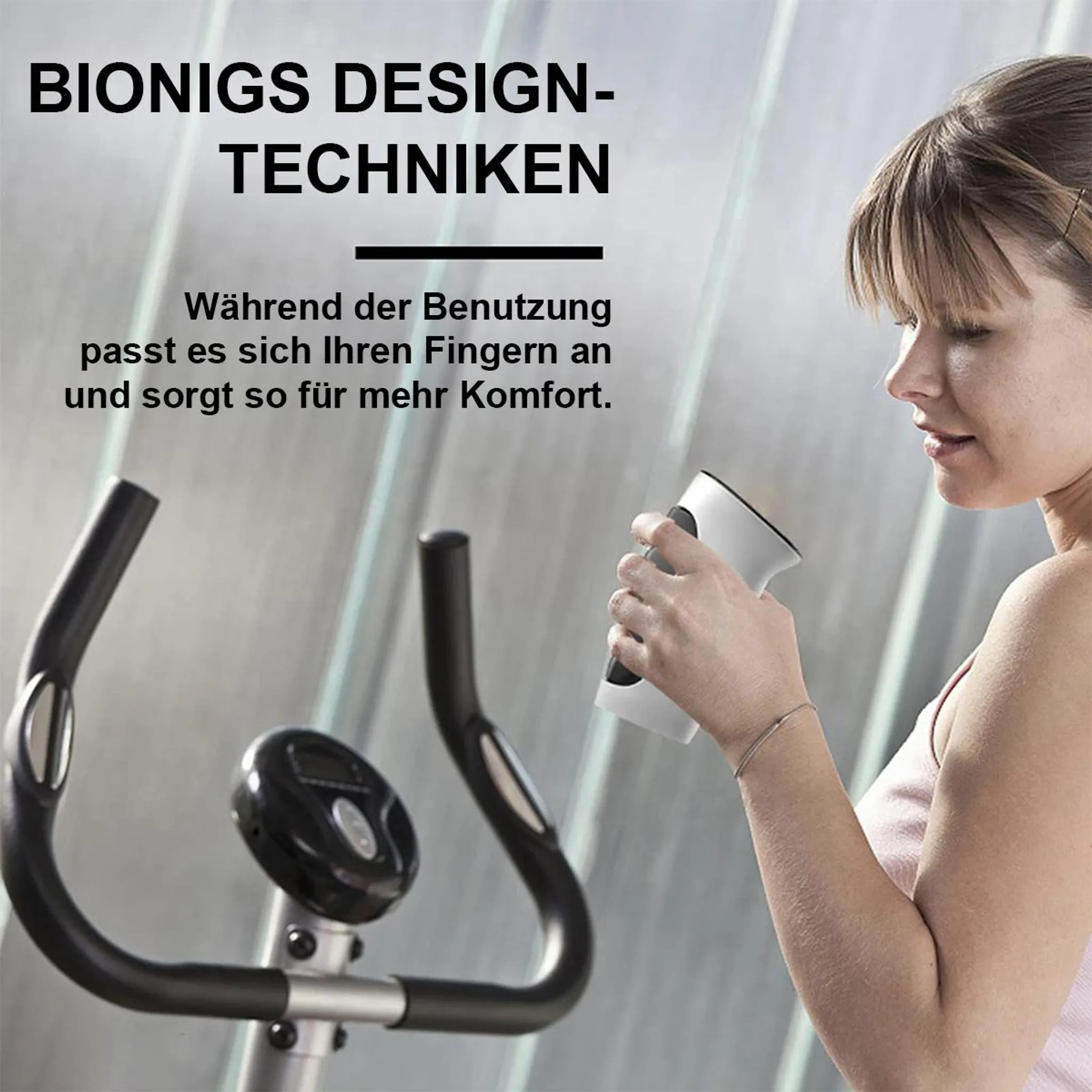 Frau hält weißes Gerät vor Fahrradlenker. Text: Bionigs Desigentechniken.