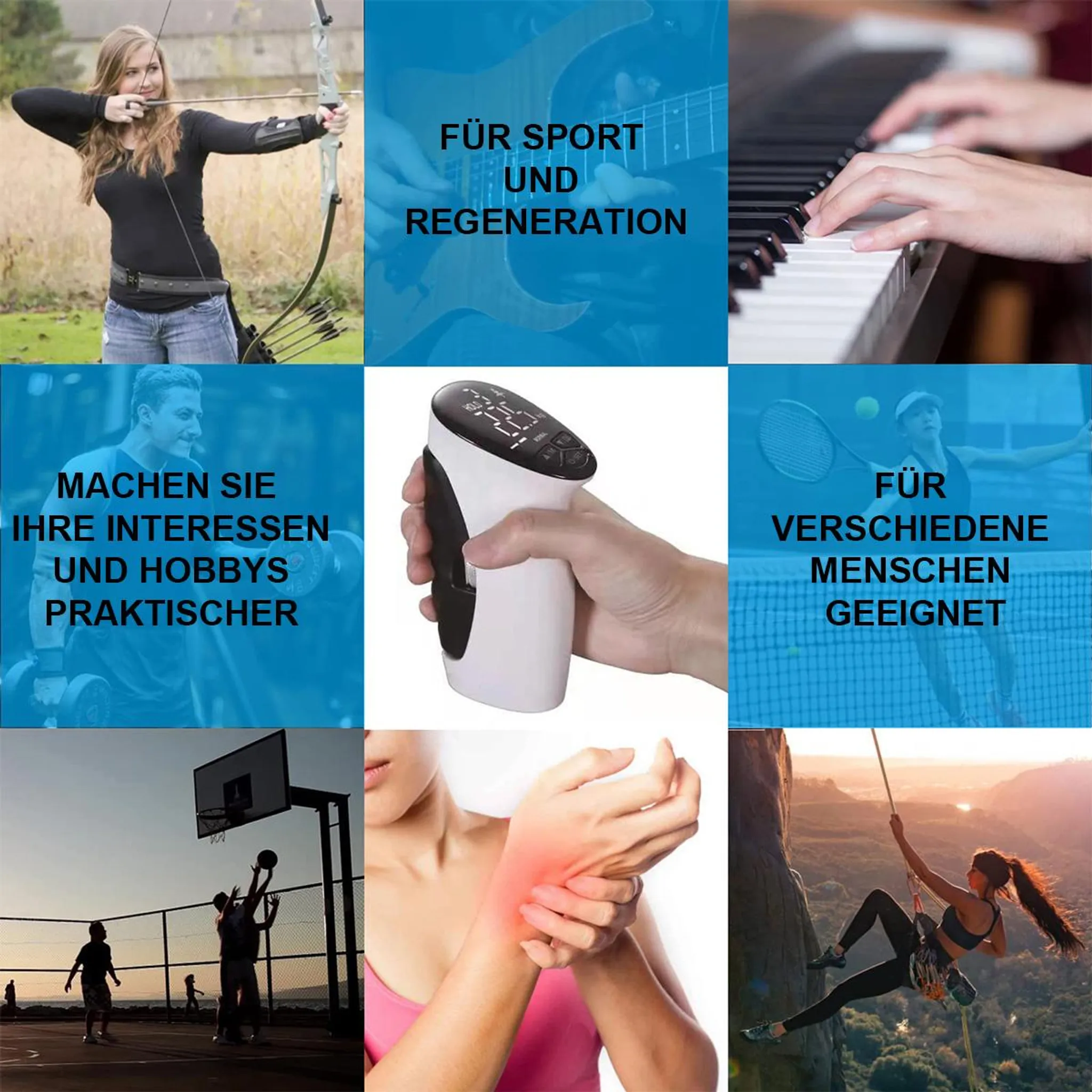 Collage von Bildern: Bogenschießen, Gitarre spielen, Klavier spielen, Hanteltraining, Tennis, Basketball, Hand, Bergsteigen.