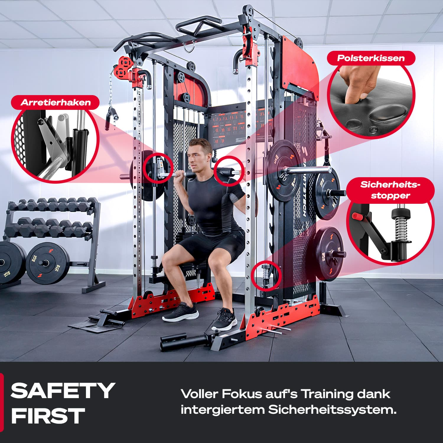 Mann hebt eine Langhantel in einem Fitnessstudio mit Sicherheitssystem-Details.