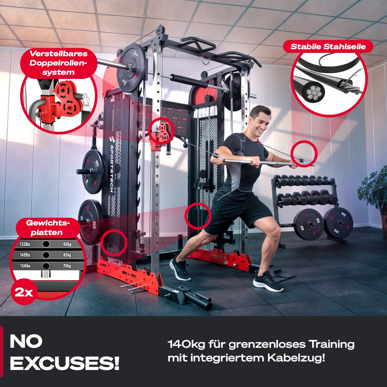 Mann trainiert an einem Fitnessgerät mit verstellbarem Seilzugsystem.