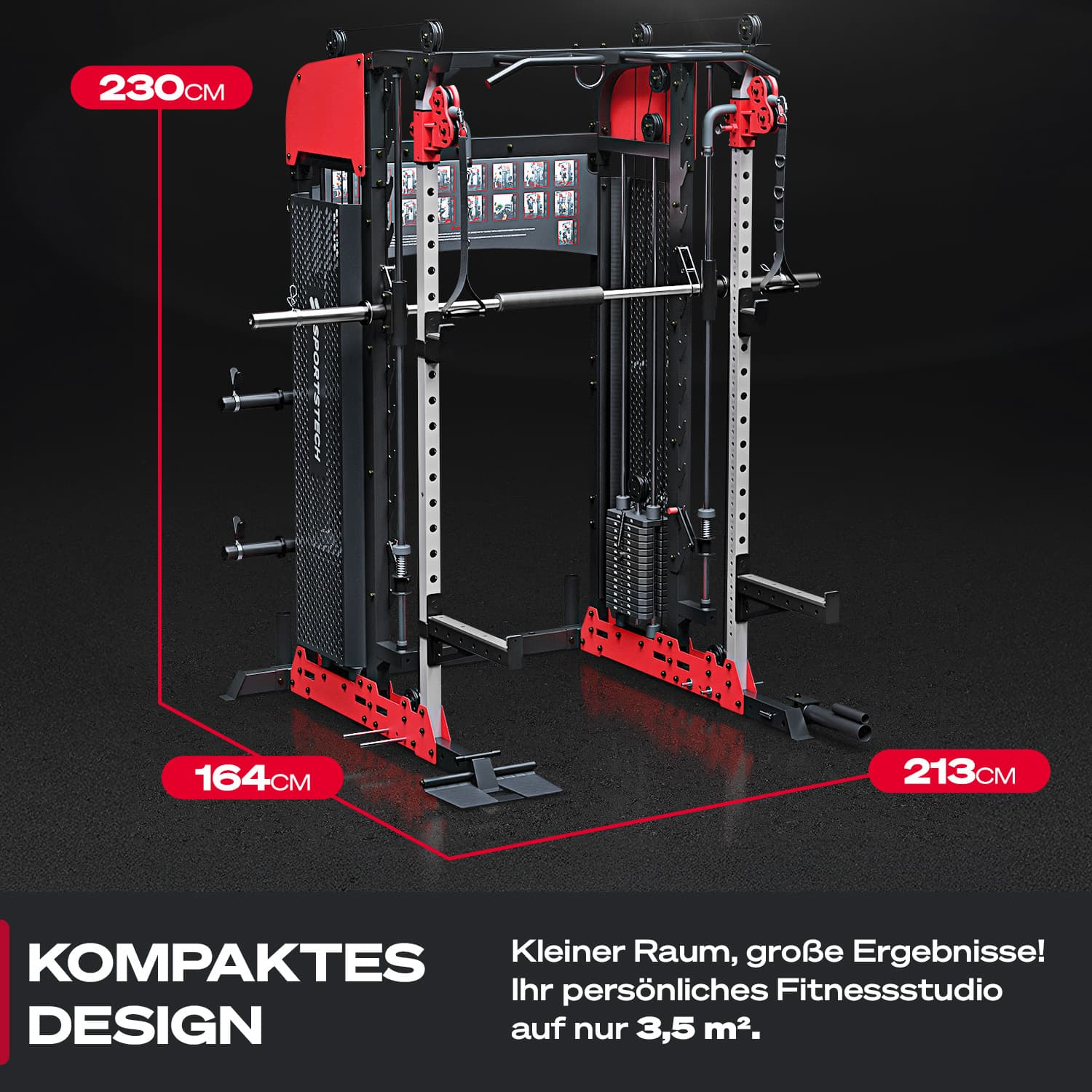 Ein schwarzer und roter Fitness-Smith-Machine mit Maßangaben 230cm, 164cm, 213cm.