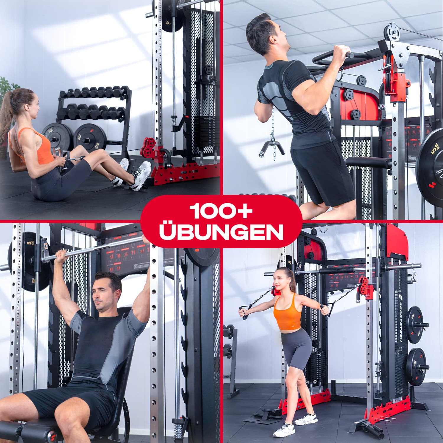 Vier Fitnessübungen in einem Fitnessstudio mit Hanteln und Gewichten.
