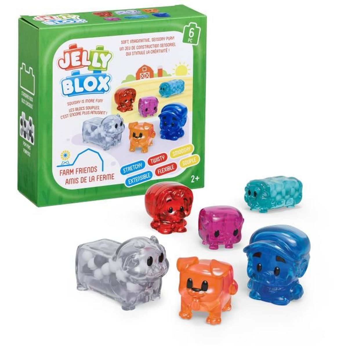 Bunte, transparente Jelly Blox Spielzeugfiguren in Tierform, auf weißem Hintergrund.