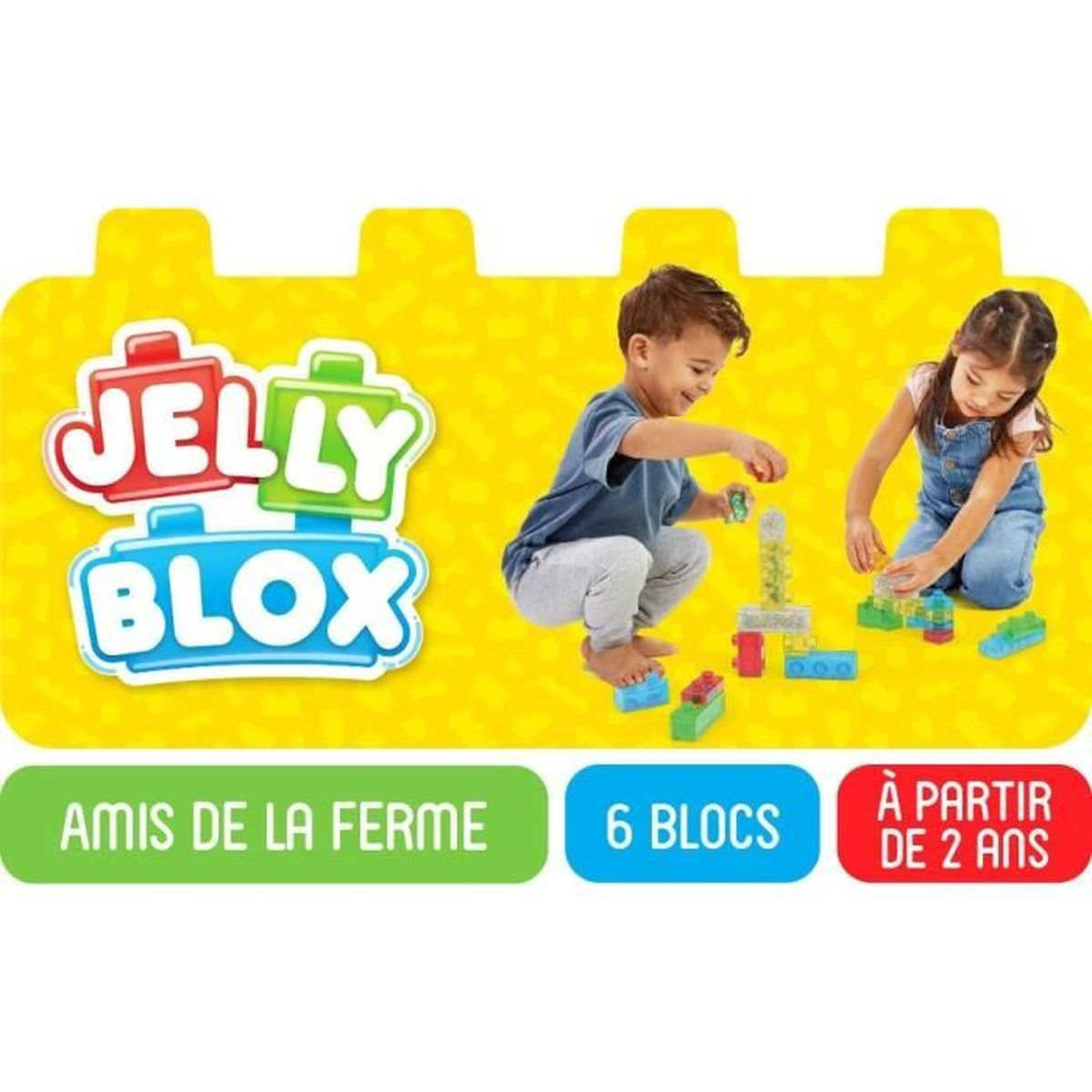 Kinder bauen mit bunten Jelly Blox Bausteinen auf gelbem Hintergrund.