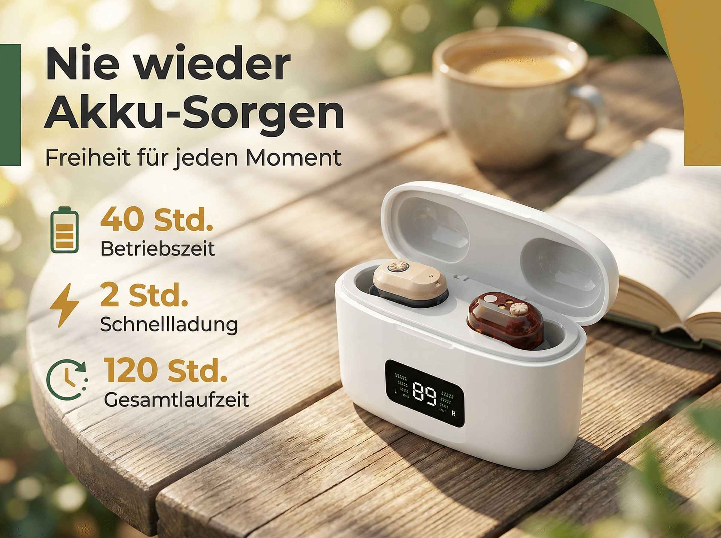 Kabellose Kopfhörer in Ladebox mit Akkuanzeige auf Holztisch.