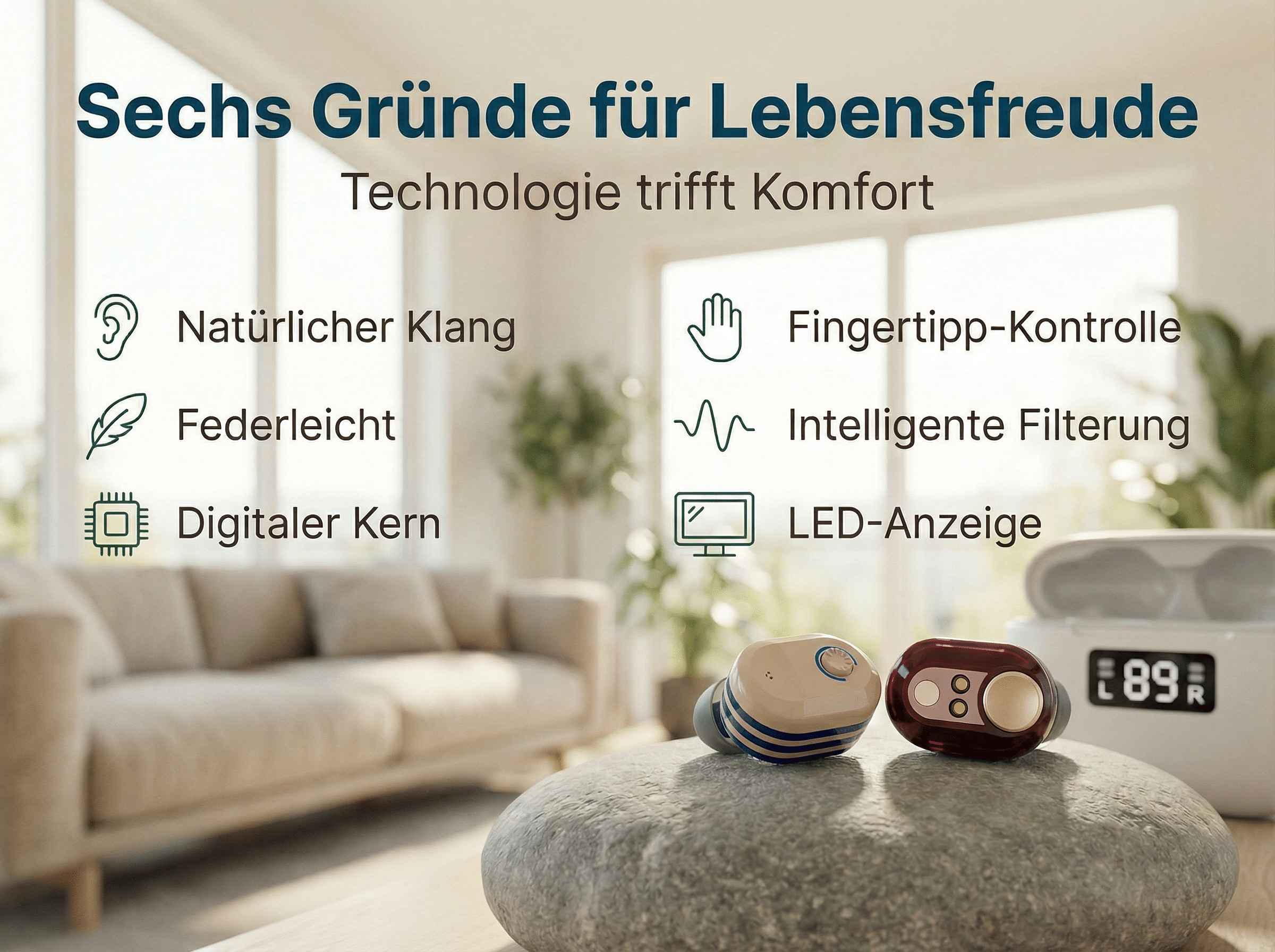 Kabellose Ohrhörer mit Ladecase und Liste von Merkmalen.