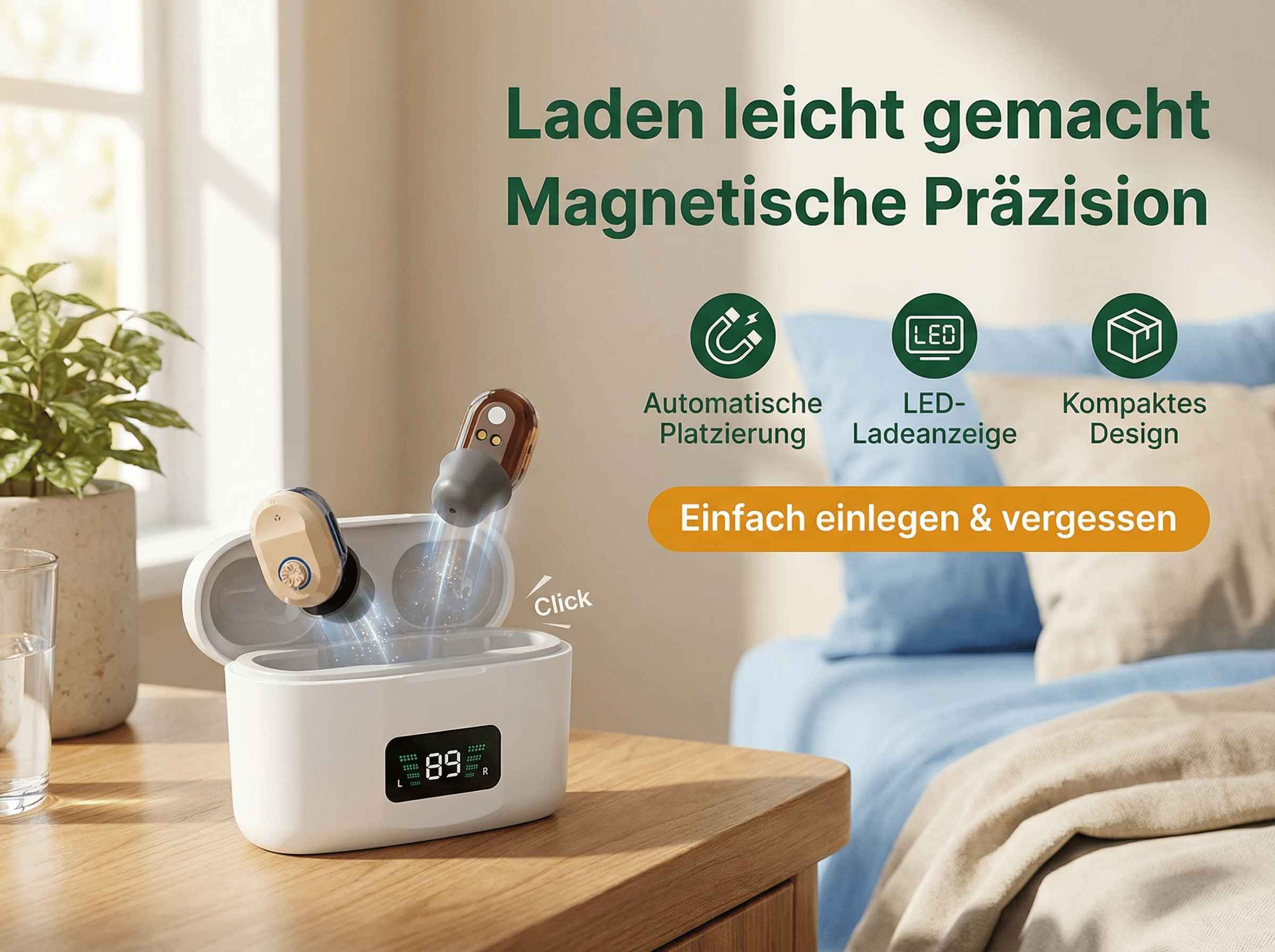 Ohrhörer mit Ladecase und LED-Anzeige auf Holztisch.