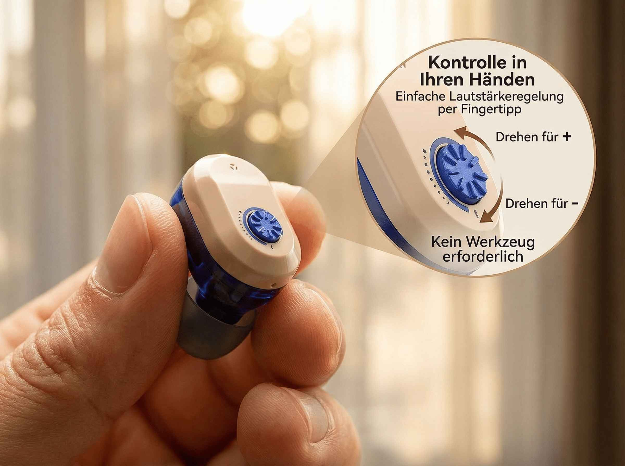 Eine Hand hält ein kleines, beige-blaues Hörgerät mit einem blauen Einstellrad.