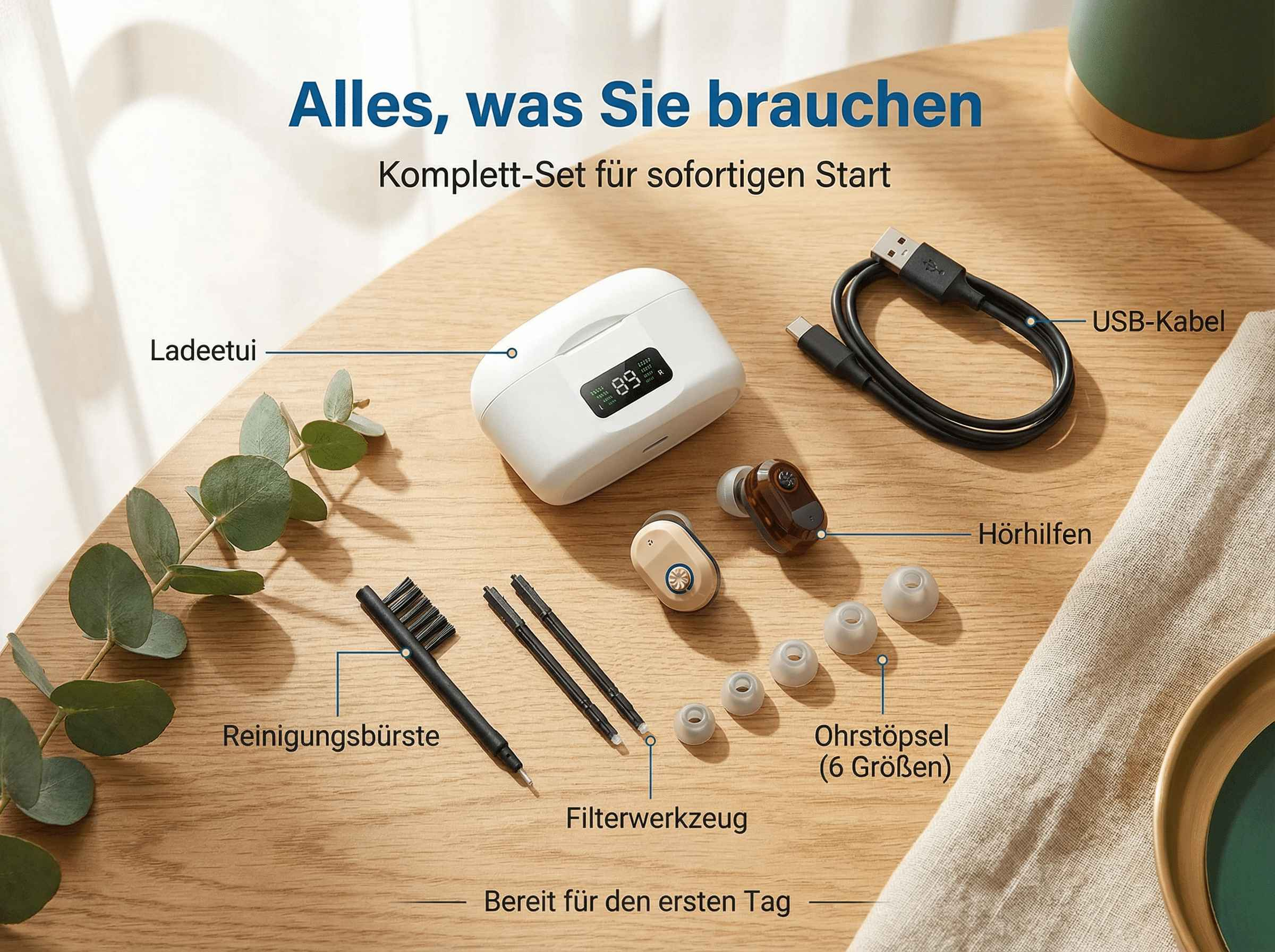 Ein Ladeetui, USB-Kabel, Hörhilfen, Ohrstöpsel, Bürste und Werkzeuge auf Holztisch.