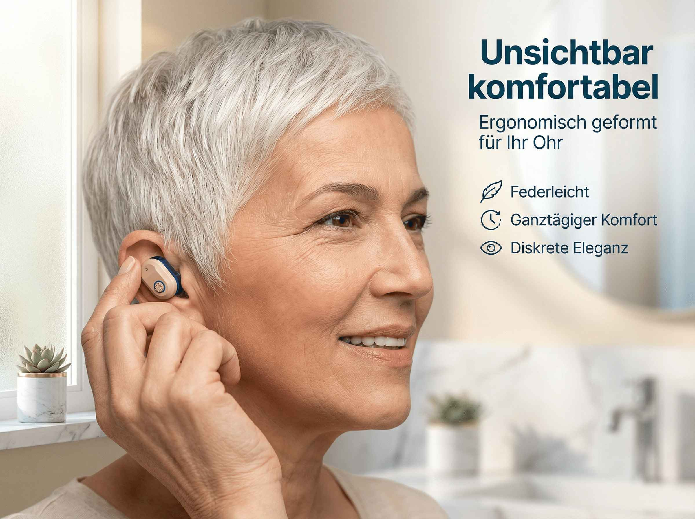 Frau mit grauem Haar setzt sich ein beiges und blaues Hörgerät ins Ohr.