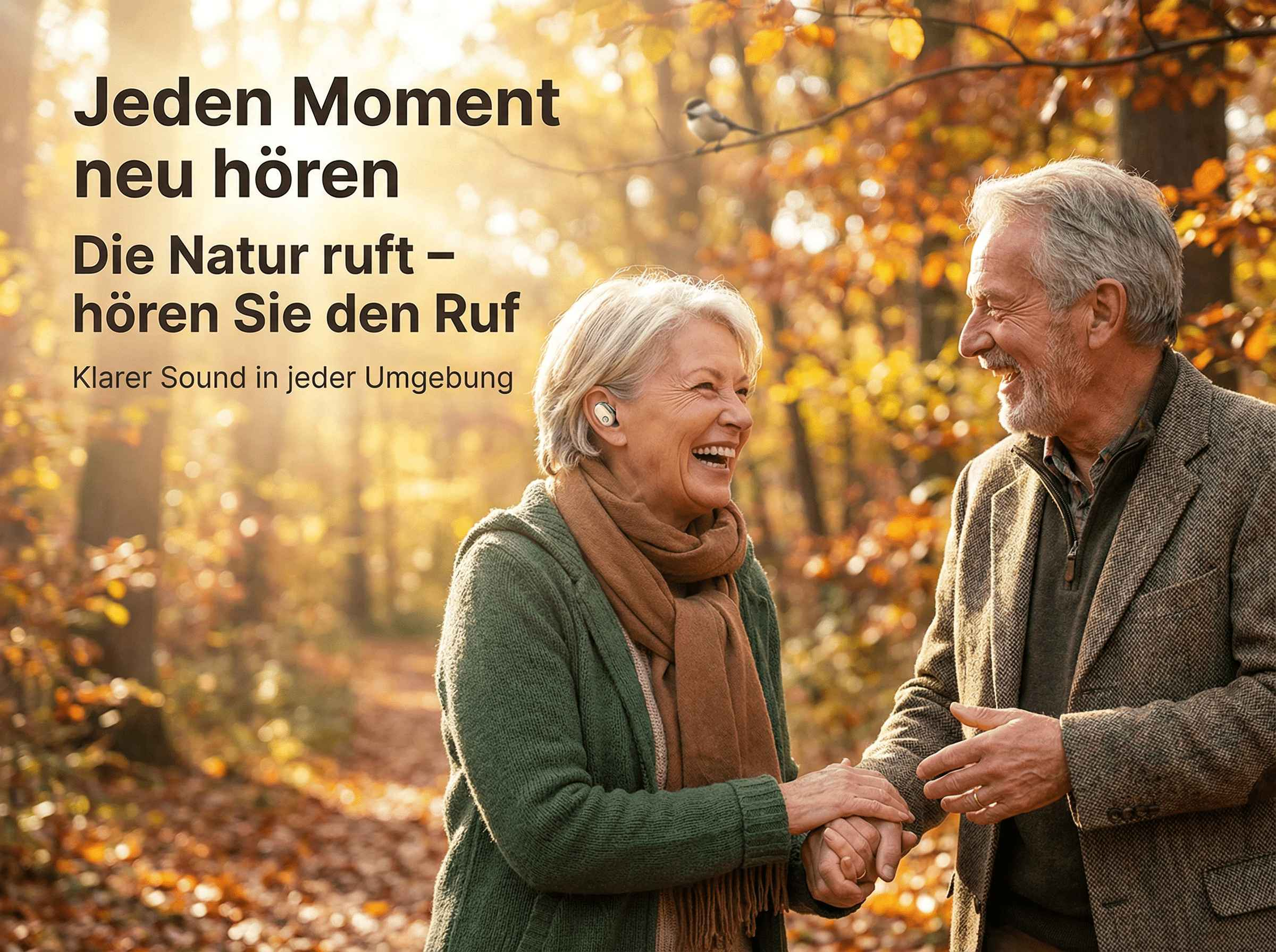 Ein älteres Paar im Herbstwald lacht und hält Händchen. Einer trägt Ohrhörer.