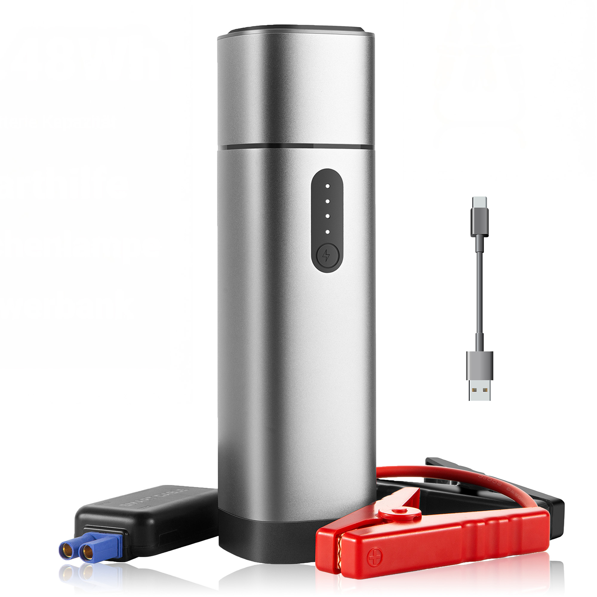 Ein silberner Sprungstarter mit Kabeln und USB-Kabel.