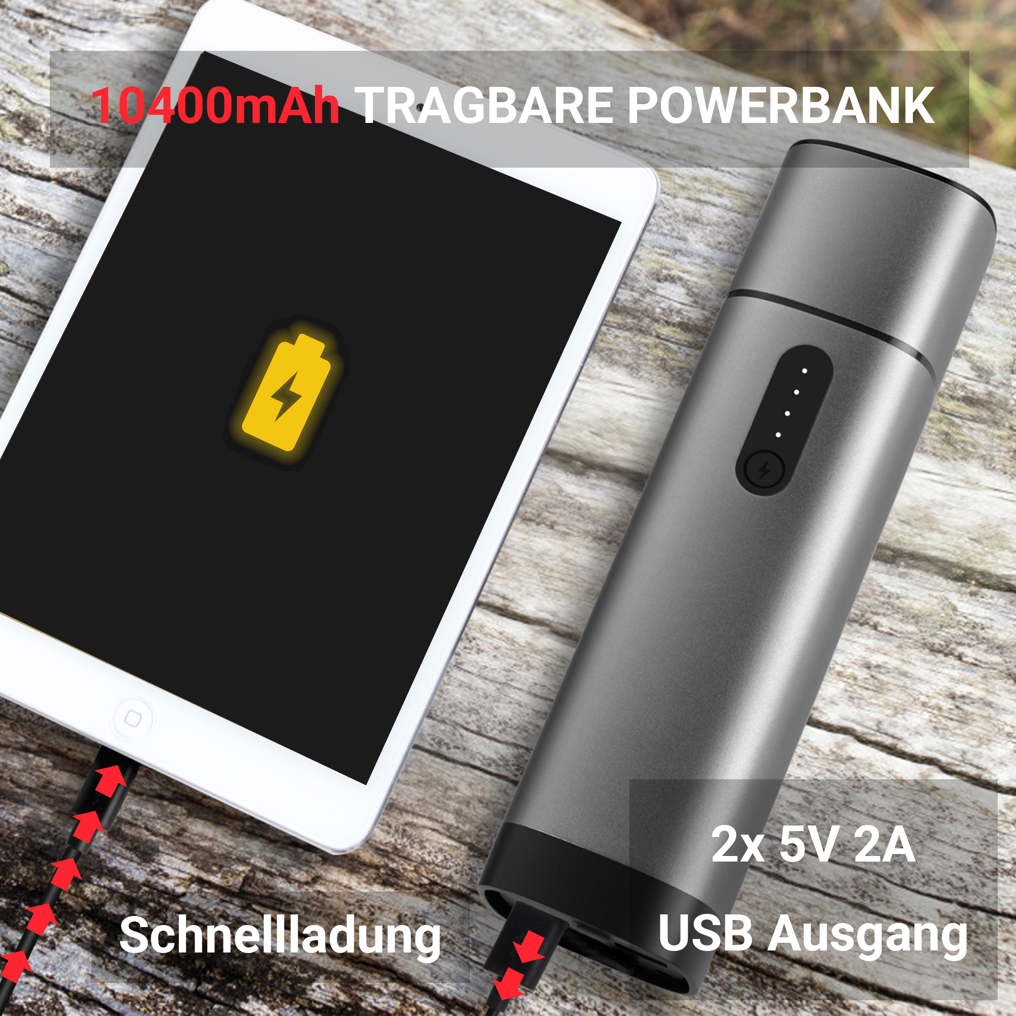 Grauer Powerbank lädt Tablet mit 10400mAh. Anzeige zeigt Akku-Symbol.