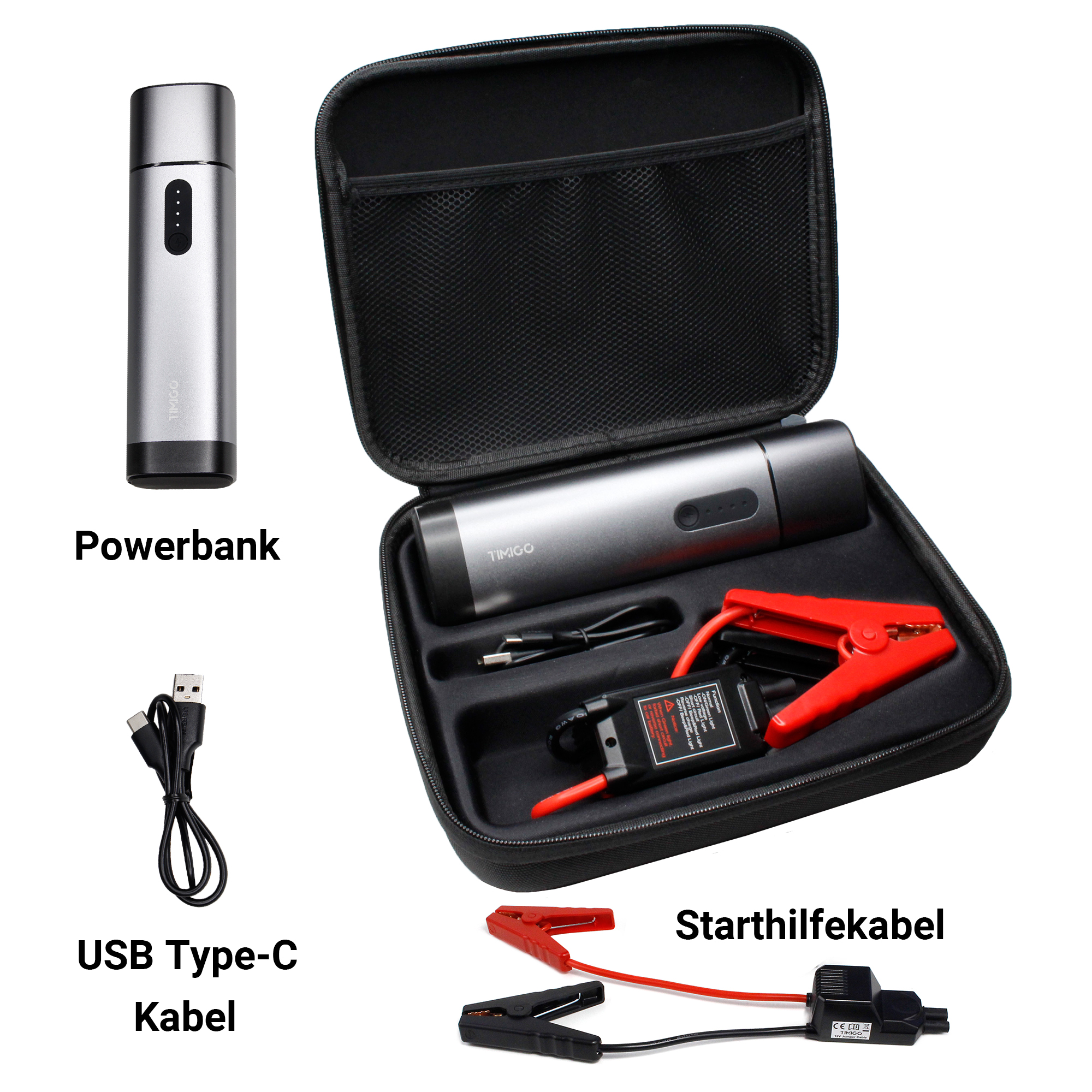 Ein Powerbank-Set mit Starthilfekabeln, USB-C-Kabel und Ladebox.